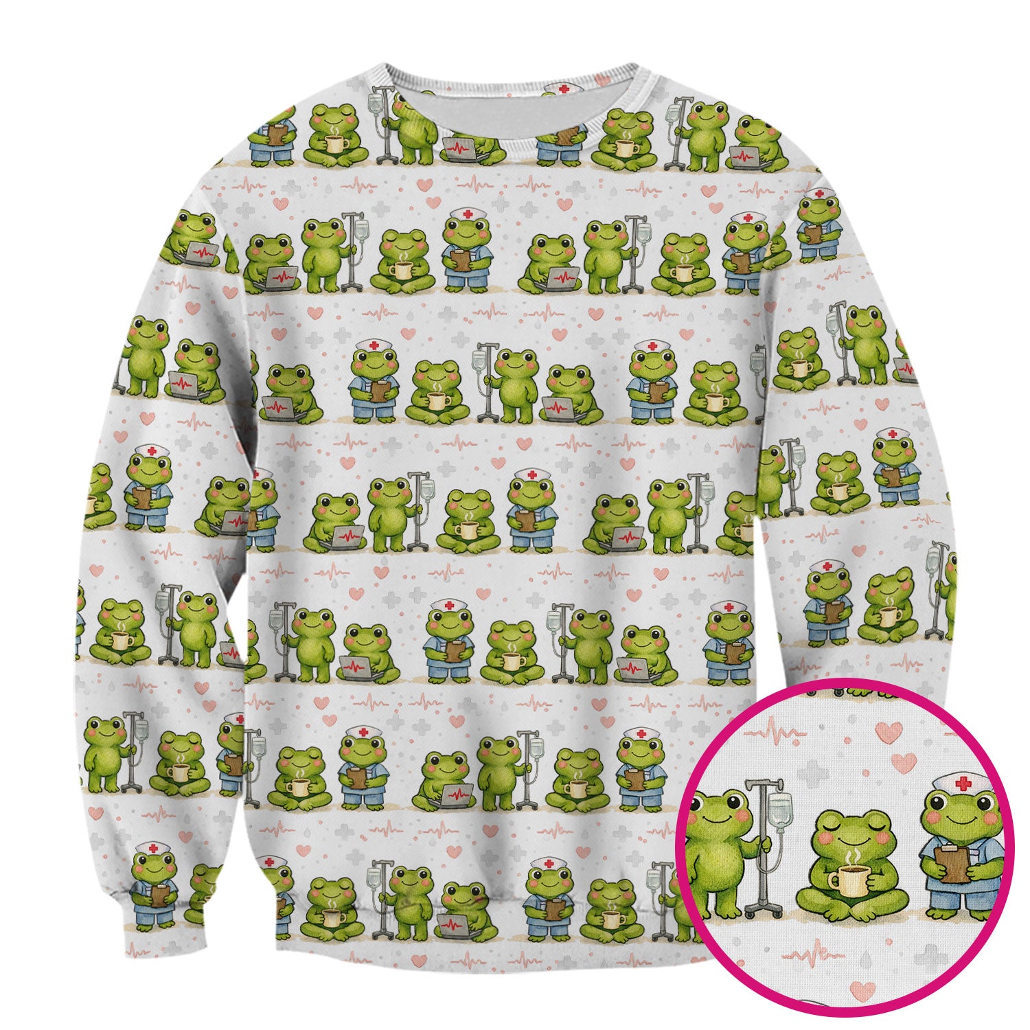 Adorable Frog Nurse Various Poses Print Scrub Top, Comfortable Scrubs for Nurses