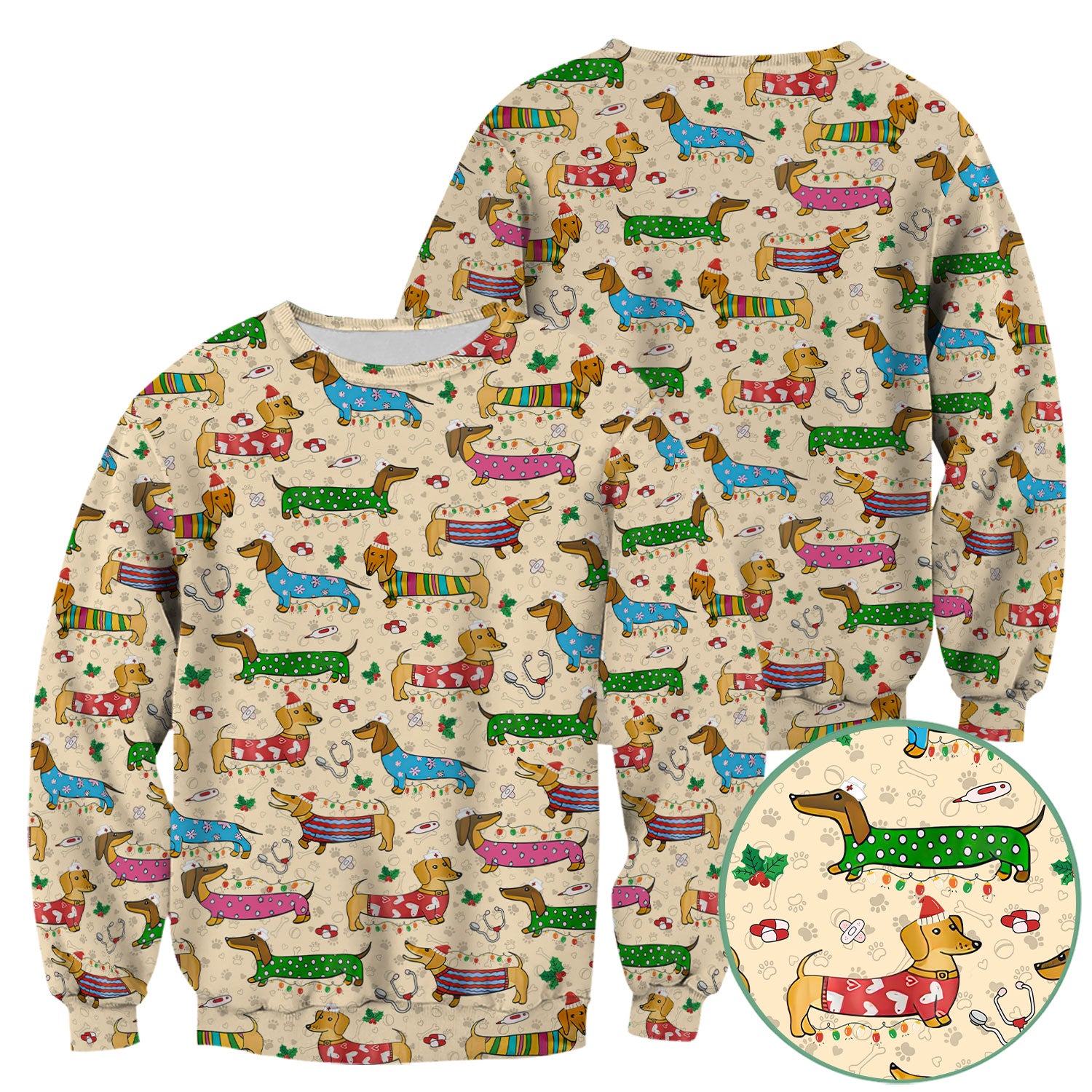 Christmas Dachshund Nurse Scrub Top - Cute Wiener Dog in Holiday Outfit - Funny Medical Shirt Gift for Women RN LPN CNA