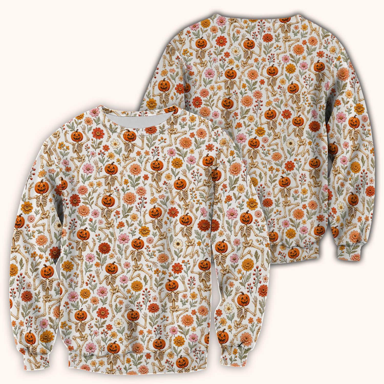 Halloween Pumpkin Skeleton Floral Scrub Top, Comfortable Scrubs for Nurses