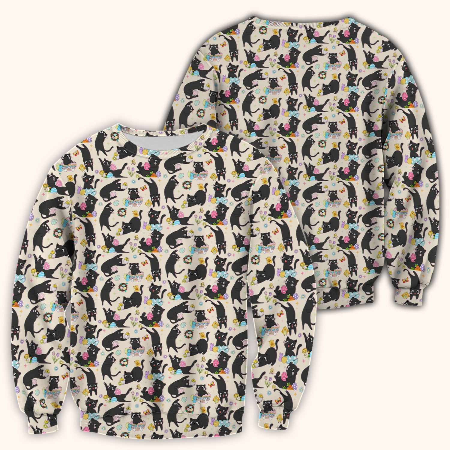Playful Black Cat Easter Egg Pattern Scrub Top, Comfortable Scrubs for Nurses