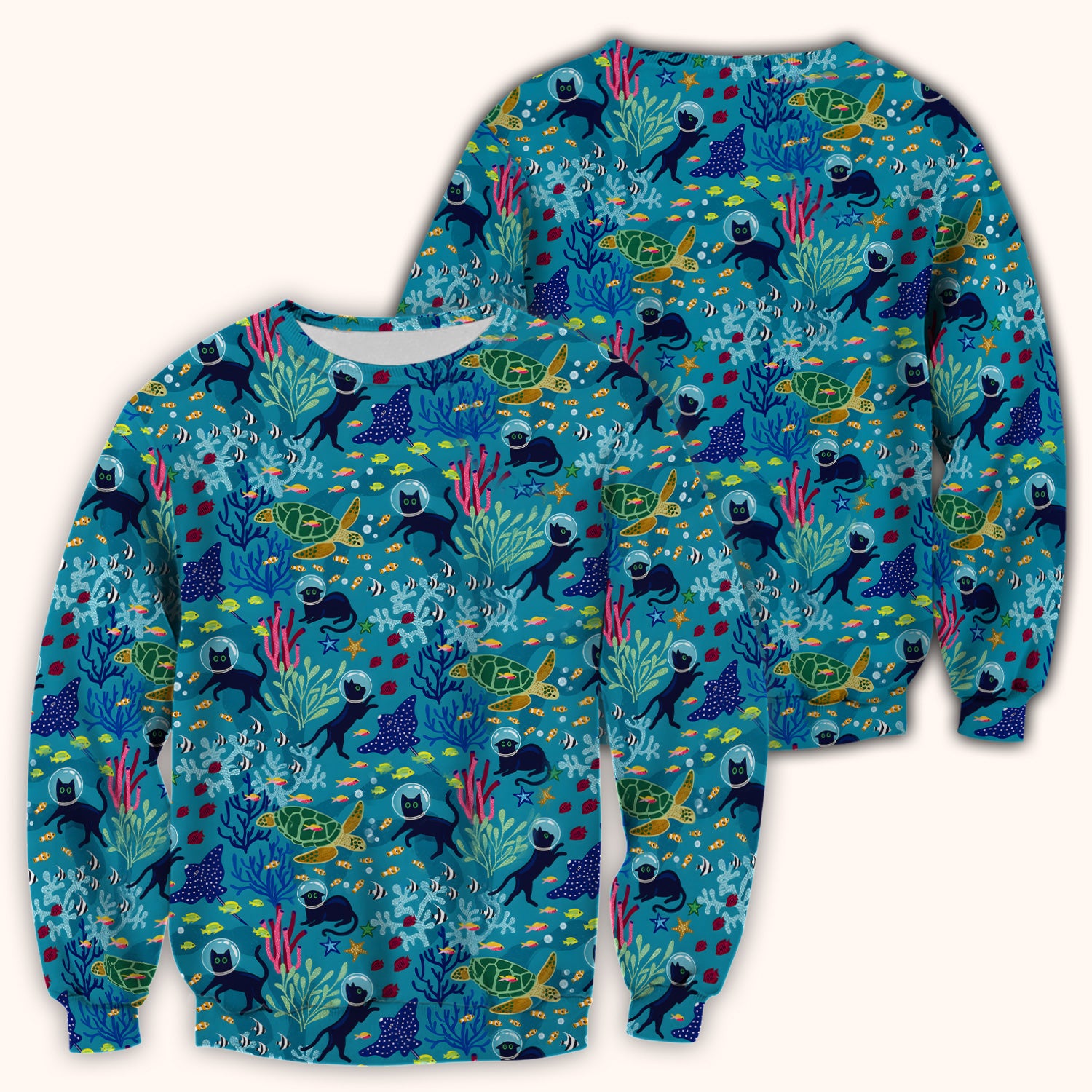 Underwater Cat Turtle Veterinary Pattern Scrub Top for RN, CNA, Ocean Medical Uniform