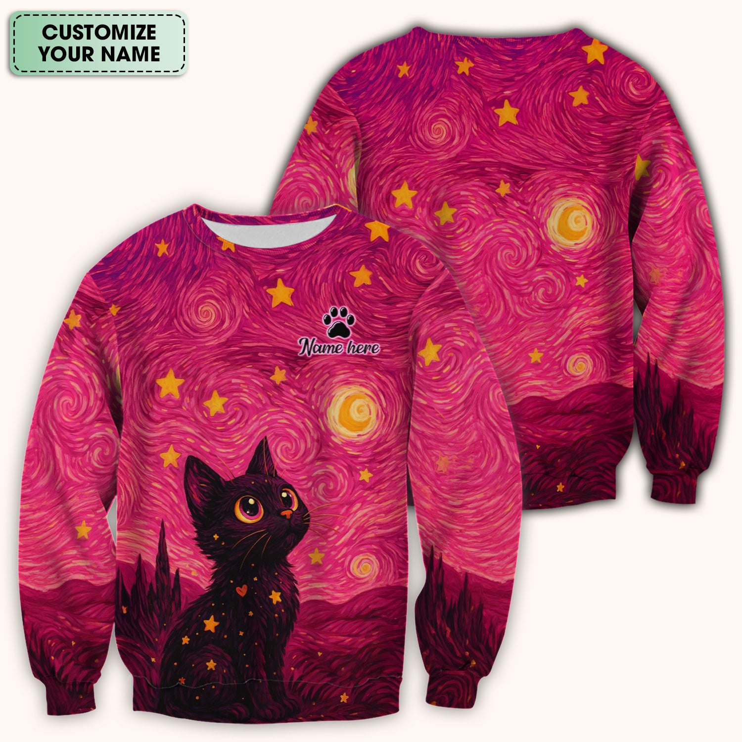 Personalized Black Cat Galaxy Star Swirl Pattern Scrub Top, Comfortable Scrubs for Nurses