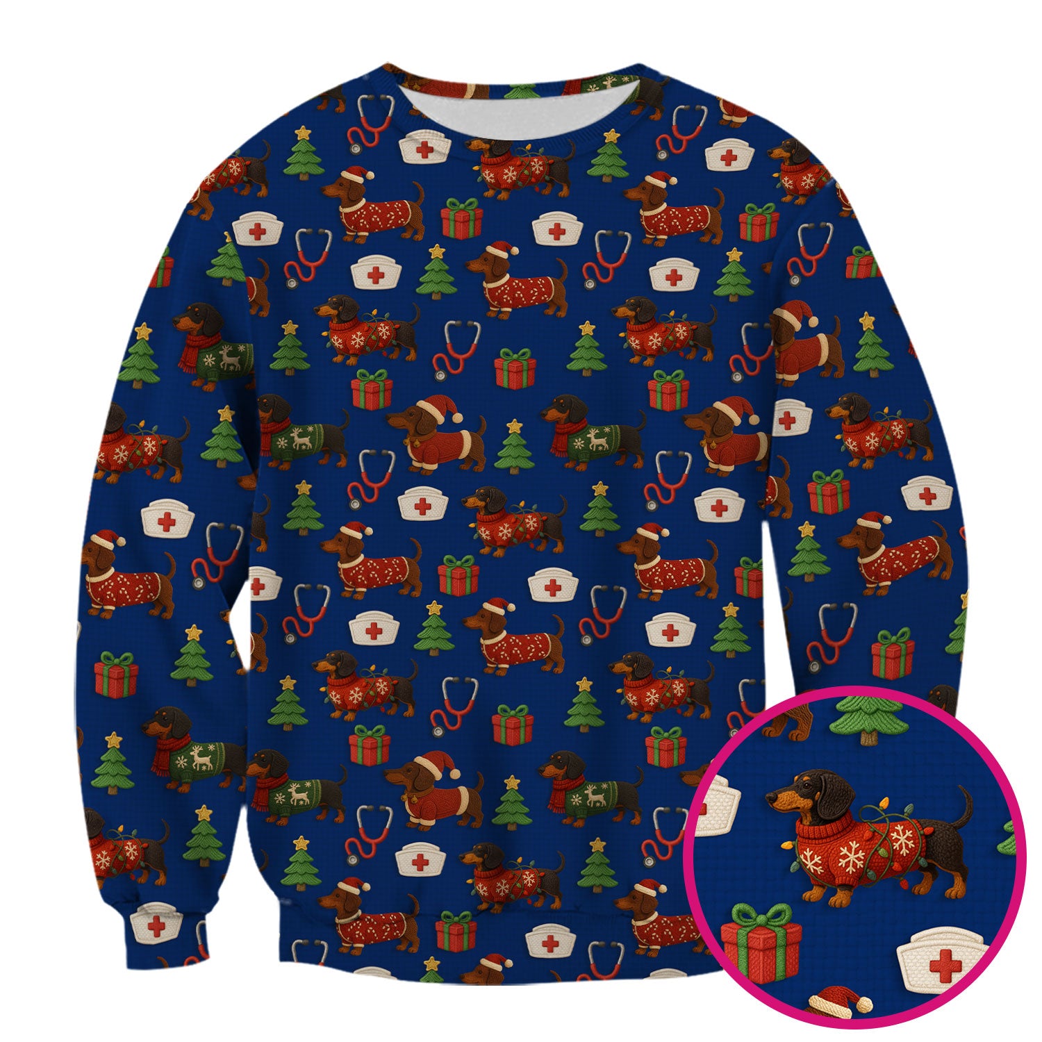Christmas Nurse Scrubs for Women - Cute Dachshund Dog Print with Holiday Gifts & Trees - Custom Multi Color Nursing Shirt Gift