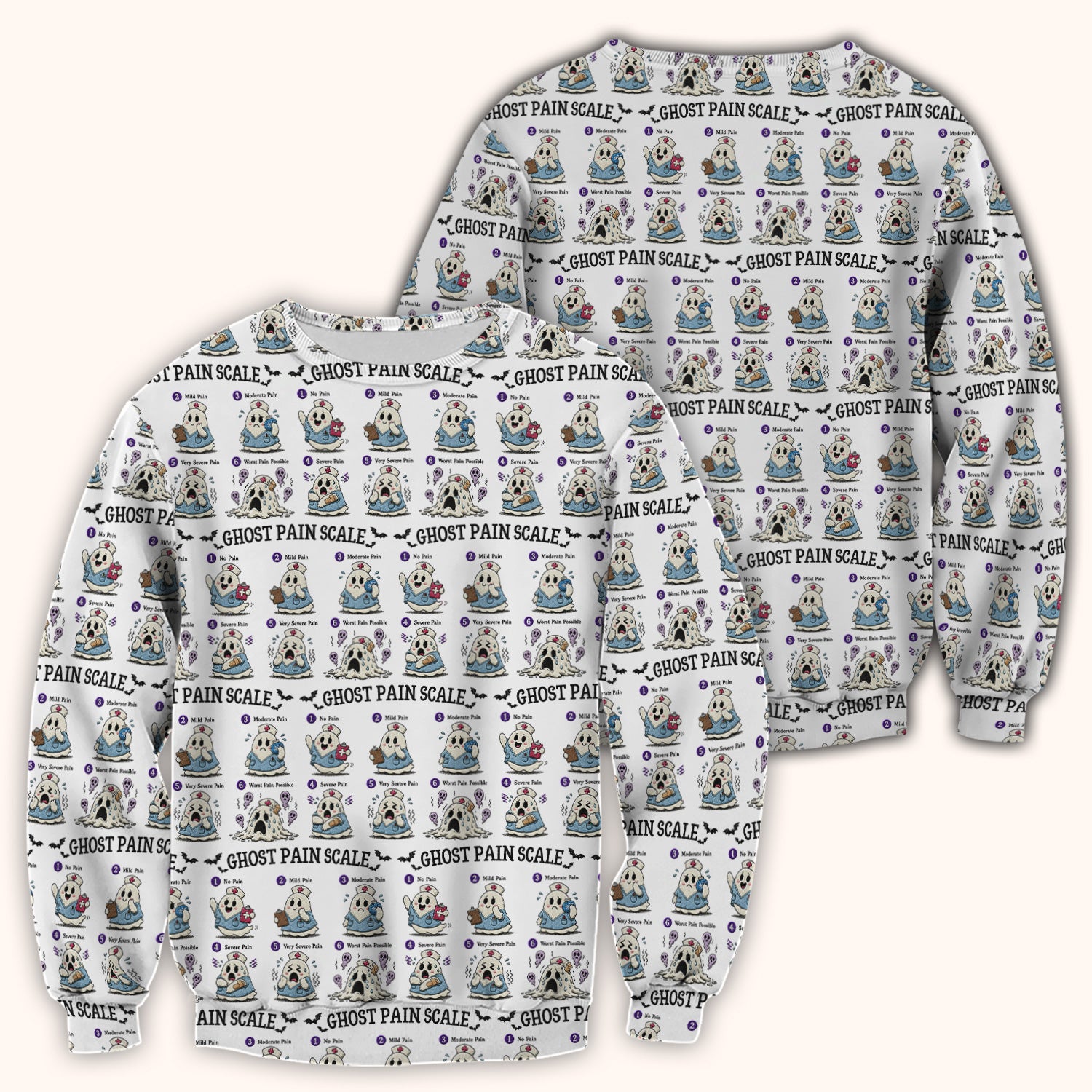 Funny Ghost Pain Scale Pattern Scrub Top, Comfortable Scrubs for Nurses