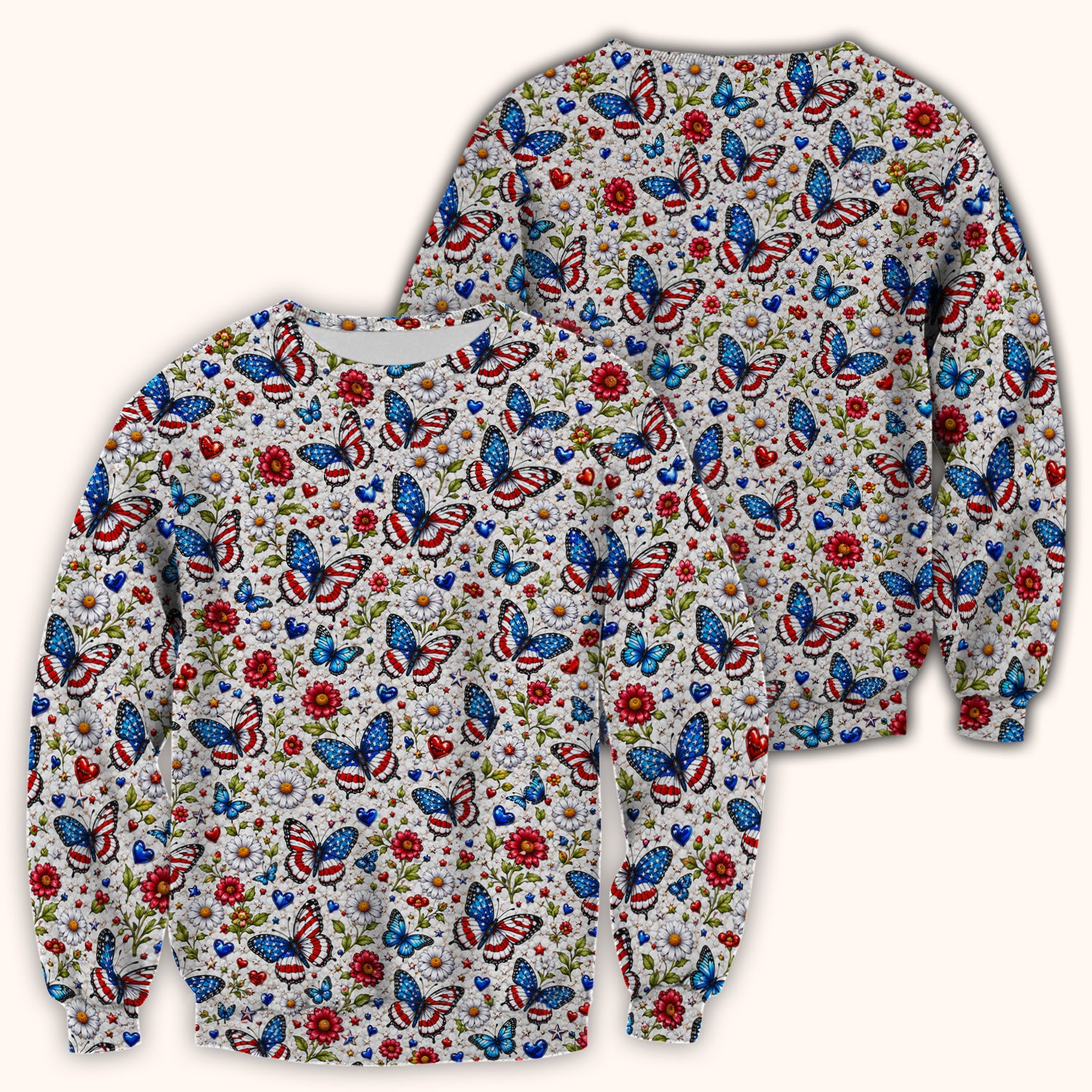 Patriotic Butterfly Daisy Heart Pattern Scrub Top, Comfortable Scrubs for Nurses