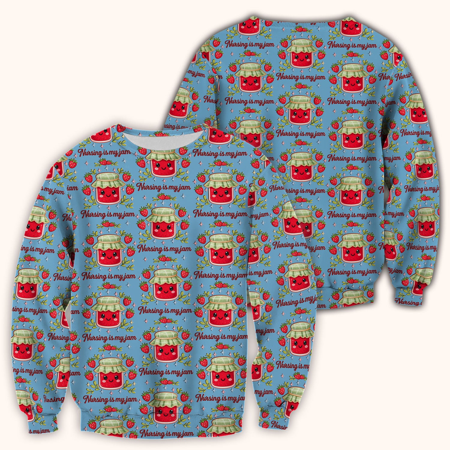 Cute Strawberry Jam Nurse Pattern Scrub Top, Breathable Fabrics Nursing Uniform