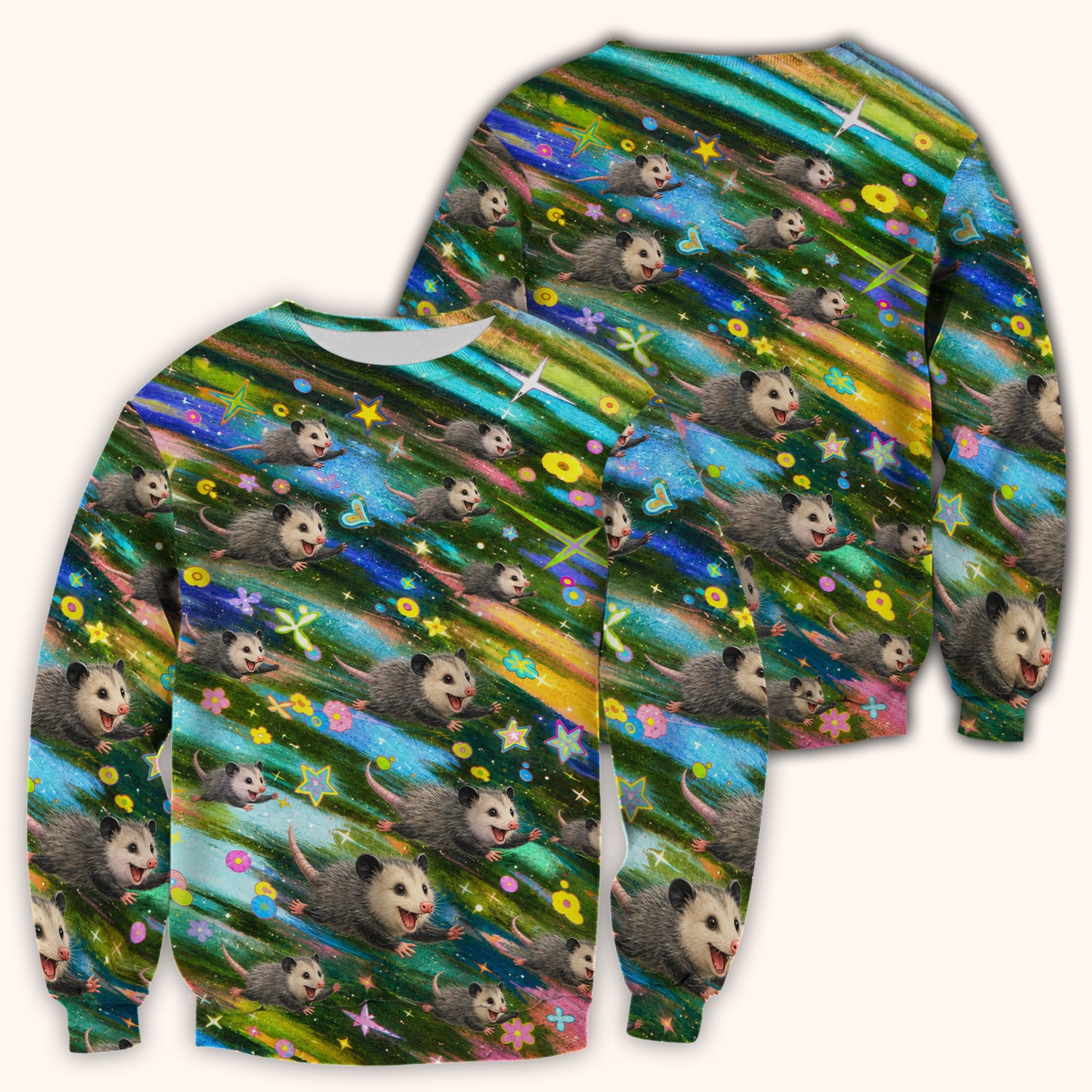 Colorful Opossum Rainbow Stars Print Scrub Top, Comfortable Scrubs for Nurses