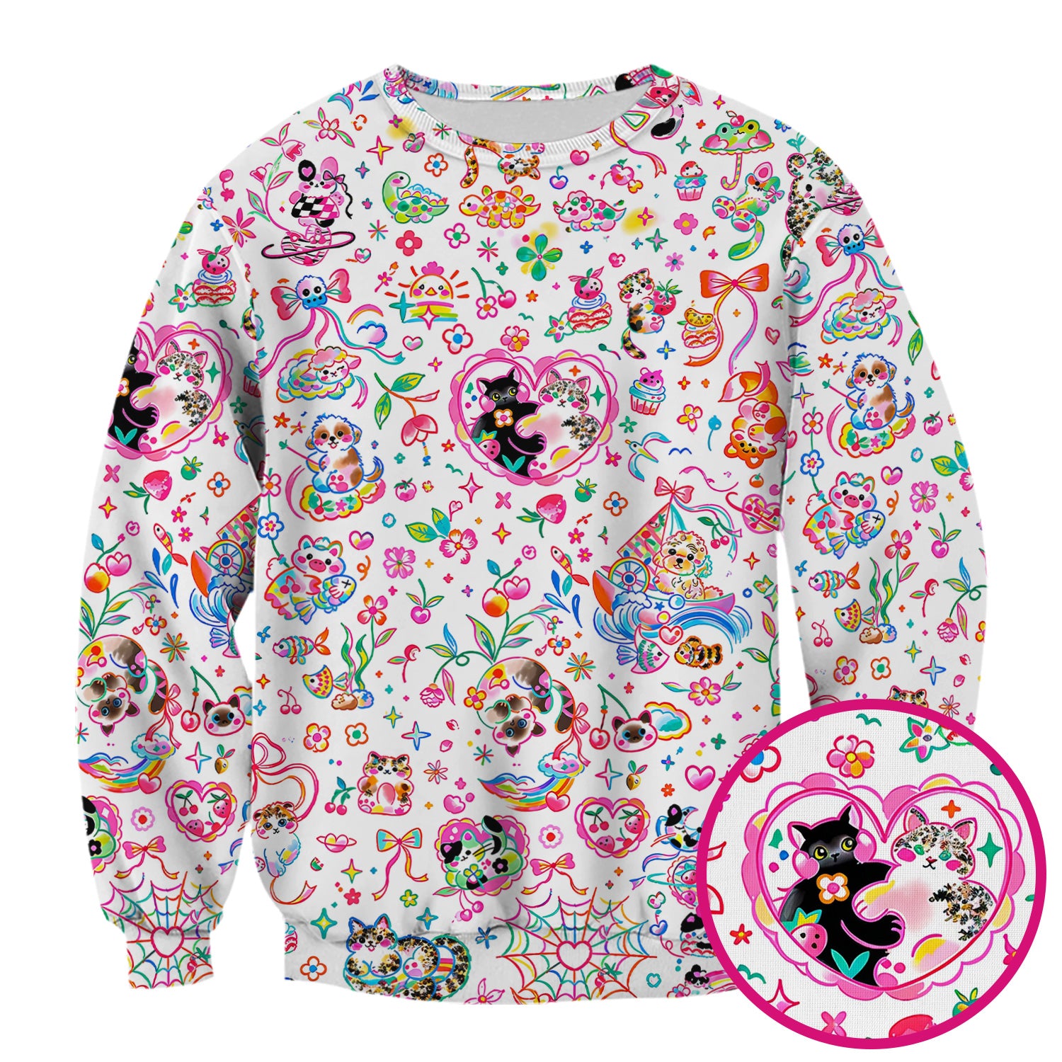 Colorful Kawaii Cat Heart Doodle Pattern Scrub Top, Comfortable Scrubs for Nurses