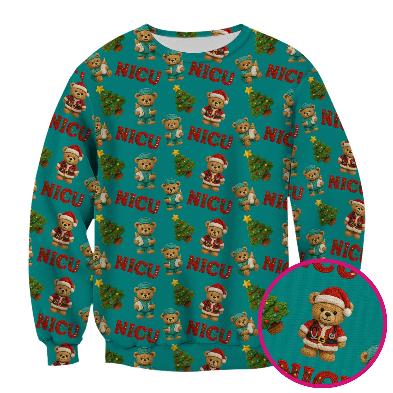 Festive Christmas NICU Nurse Teddy Bear Pattern, Breathable Fabrics Nursing Uniform