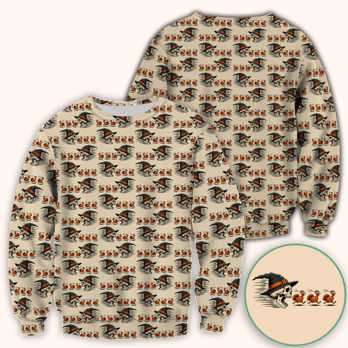 Funny Thanksgiving Skull Chasing Turkeys Pattern Scrub Top, Comfortable Scrubs for Nurses
