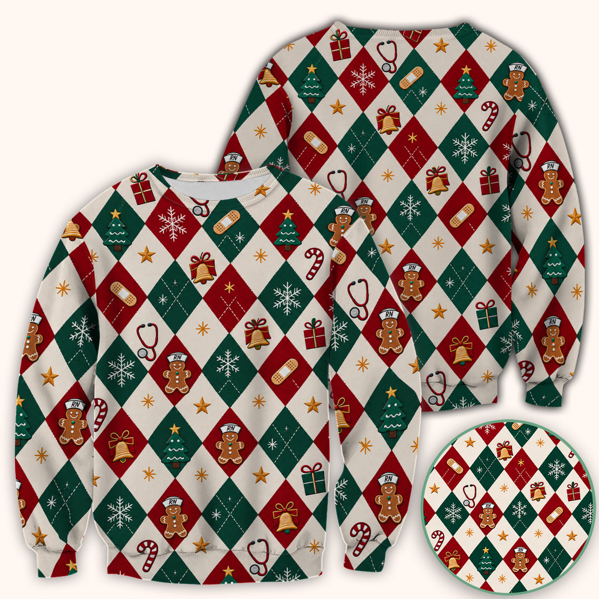 Christmas Gingerbread Nurse Argyle Scrub Top, Comfortable Scrubs for Nurses