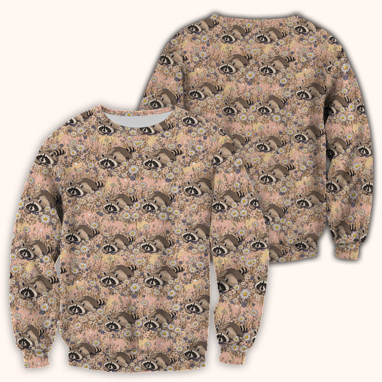 Cute Raccoon Wildflower Meadow Pattern Scrub Top, Comfortable Scrubs for Nurses