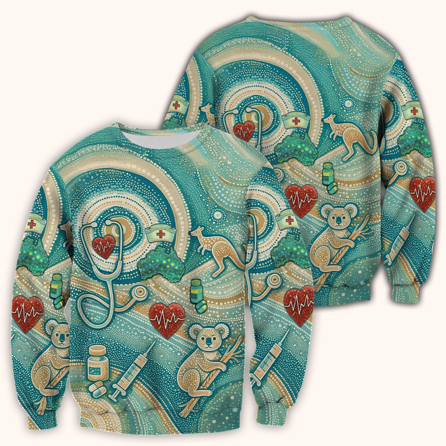 Australian Wildlife Dot Art Inspired Medical Scrub Top - Aussie Women V-Neck Shirt