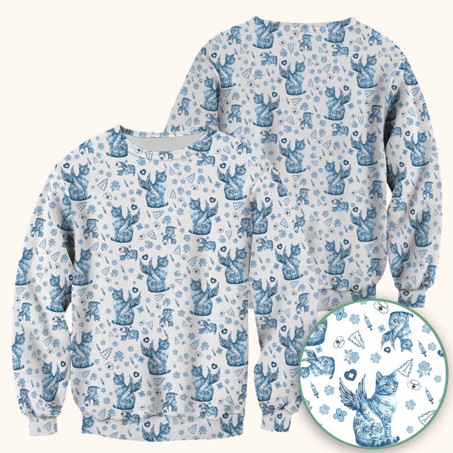 Toile de Jouy Cat Angel Scrub Top - Blue Vintage Nurse Shirt - French Style Medical Uniform for Women RN LPN CNA Gift