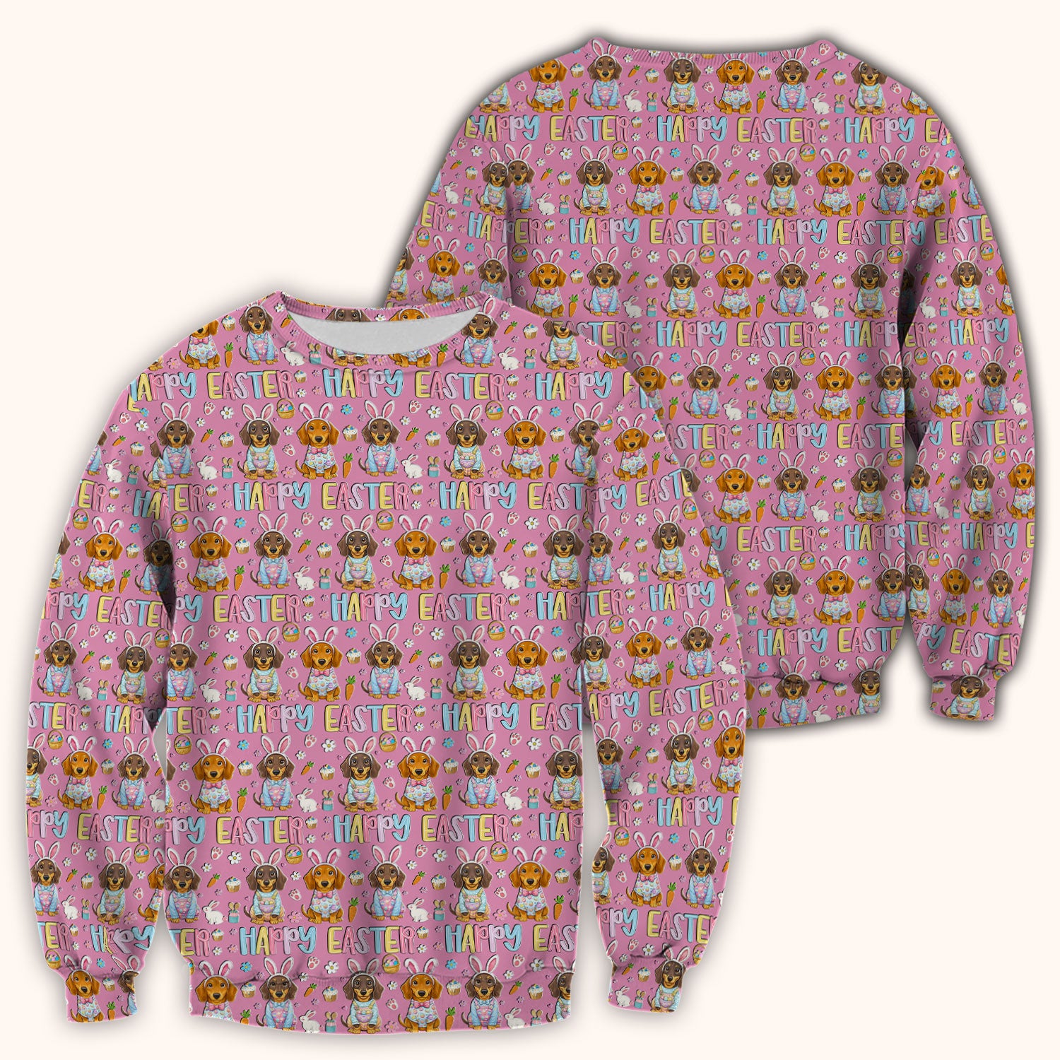 Happy Easter Dachshund Bunny Print Scrub Top, Comfortable Scrubs for Nurses