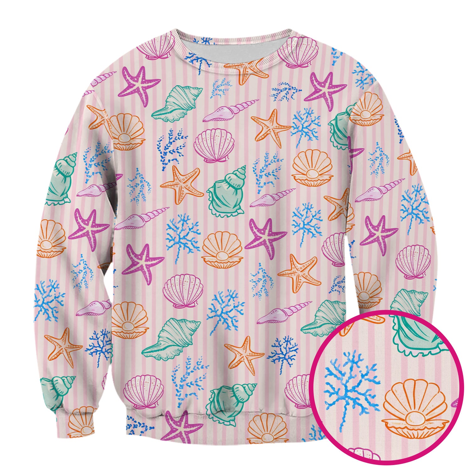 Colorful Seashell Starfish Ocean Stripe Pattern Scrub Top, Breathable Fabrics Nursing Uniform