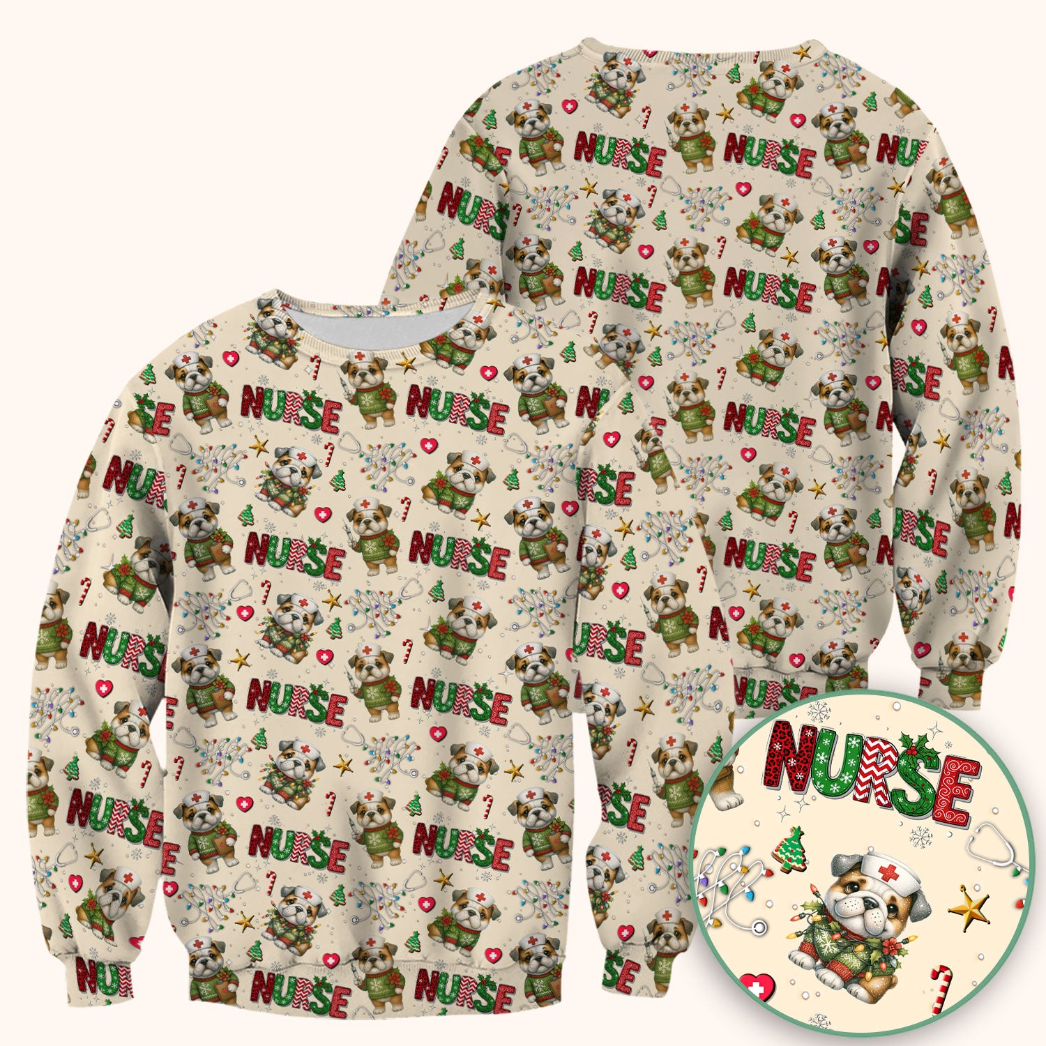 Bulldog Christmas Nurse Scrub Top - Funny Dog Scrub Shirt - Cute Holiday Medical Uniform for Women RN LPN CNA Gift