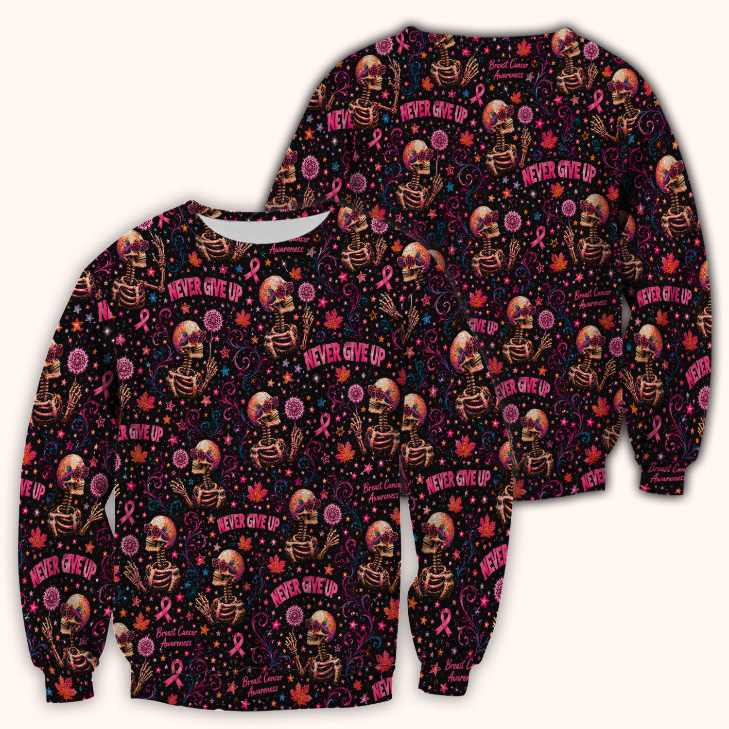 Breast Cancer Awareness Skeletons Pattern Scrub Top, Comfortable Scrubs for Nurses