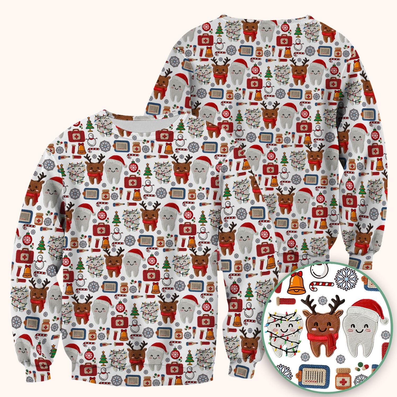 Christmas Dental Scrub Top - Cute Santa & Reindeer Tooth Shirt - Funny Holiday Medical Uniform for Dentists, Hygienists & Nurses