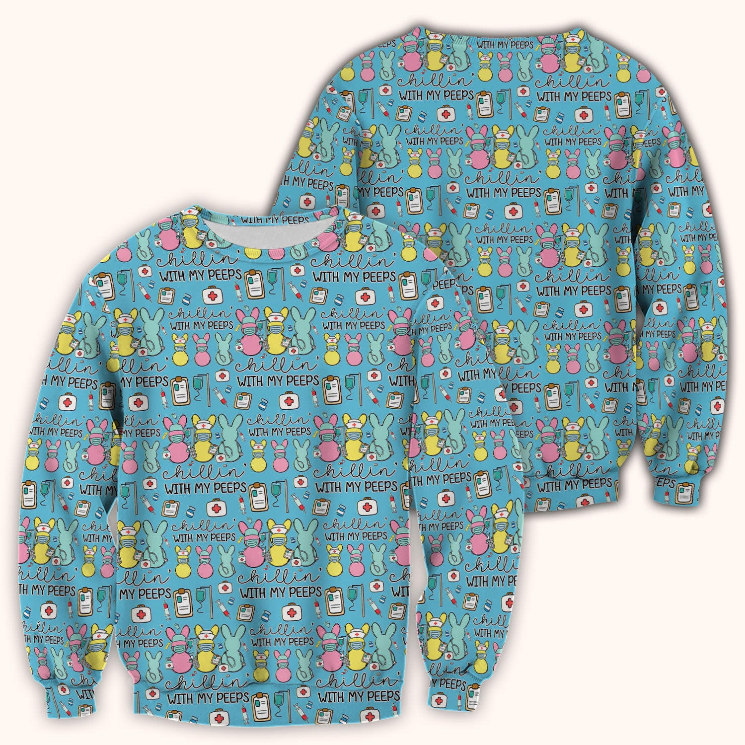 Cute Bunny Nurse Chillin With My Peeps Scrub Top, Comfortable Scrubs for Nurses, Easter
