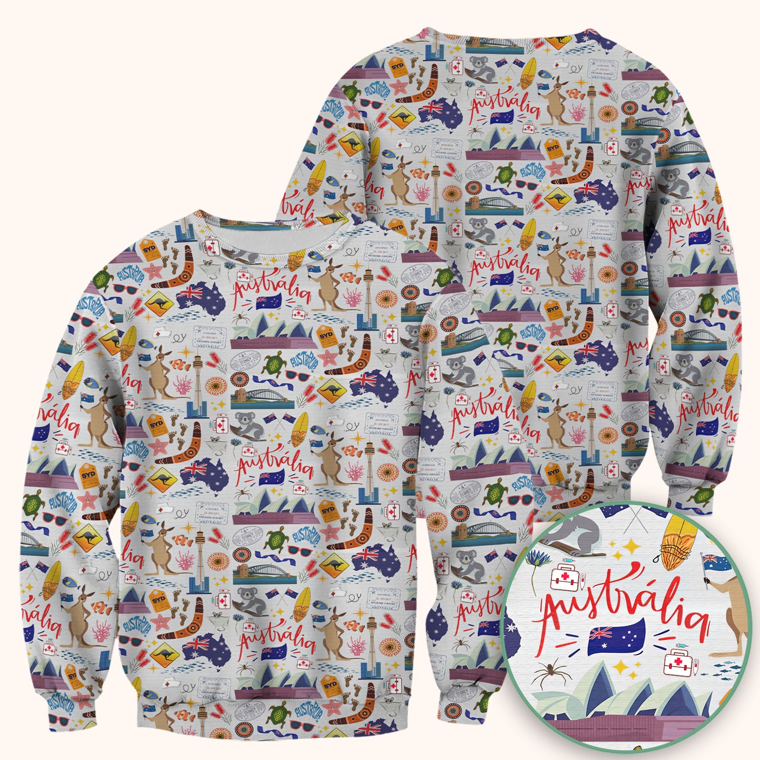 Australia Scrub Top for Women - Aussie Icons with Kangaroo Koala Opera House - Travel Medical Uniform Gift for LPN RN CNA