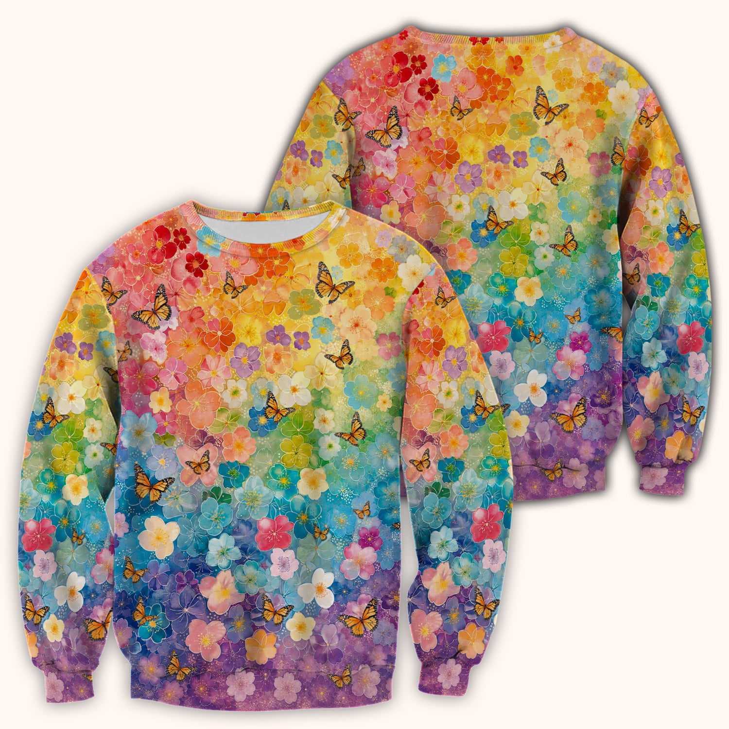 Rainbow Butterfly Floral Blossom Pattern Scrub Top, Comfortable Scrubs for Nurses
