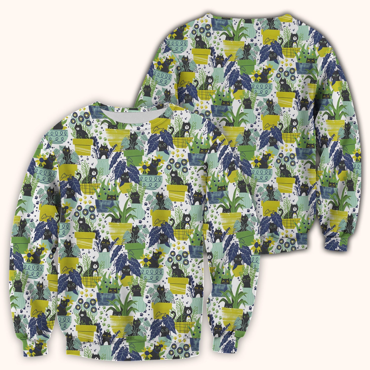 Black Cat Planter Garden Pattern Scrub Top, Comfortable Scrubs for Nurses