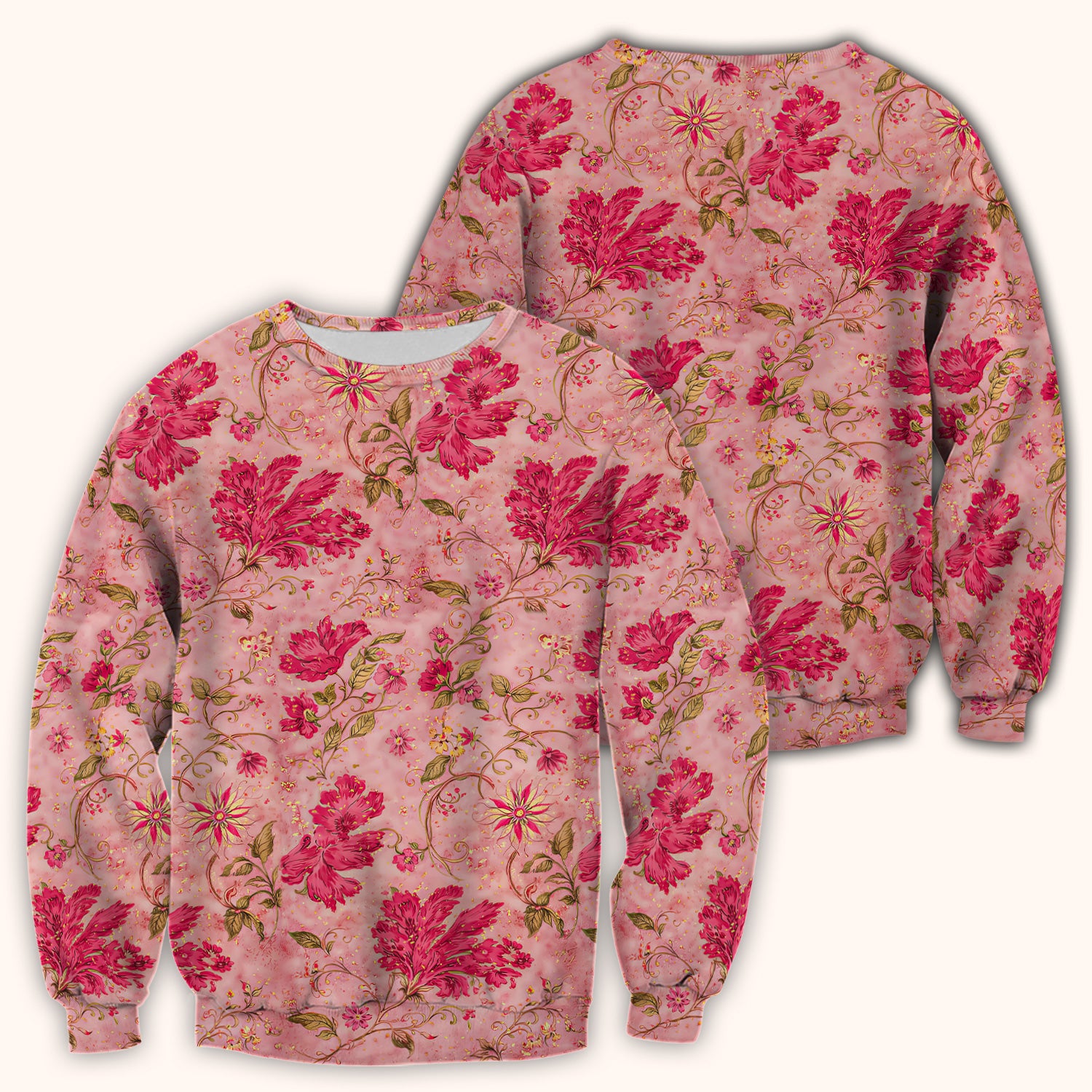 Elegant Pink Floral Vine Pattern Scrub Top, Breathable Fabrics Nursing Uniform