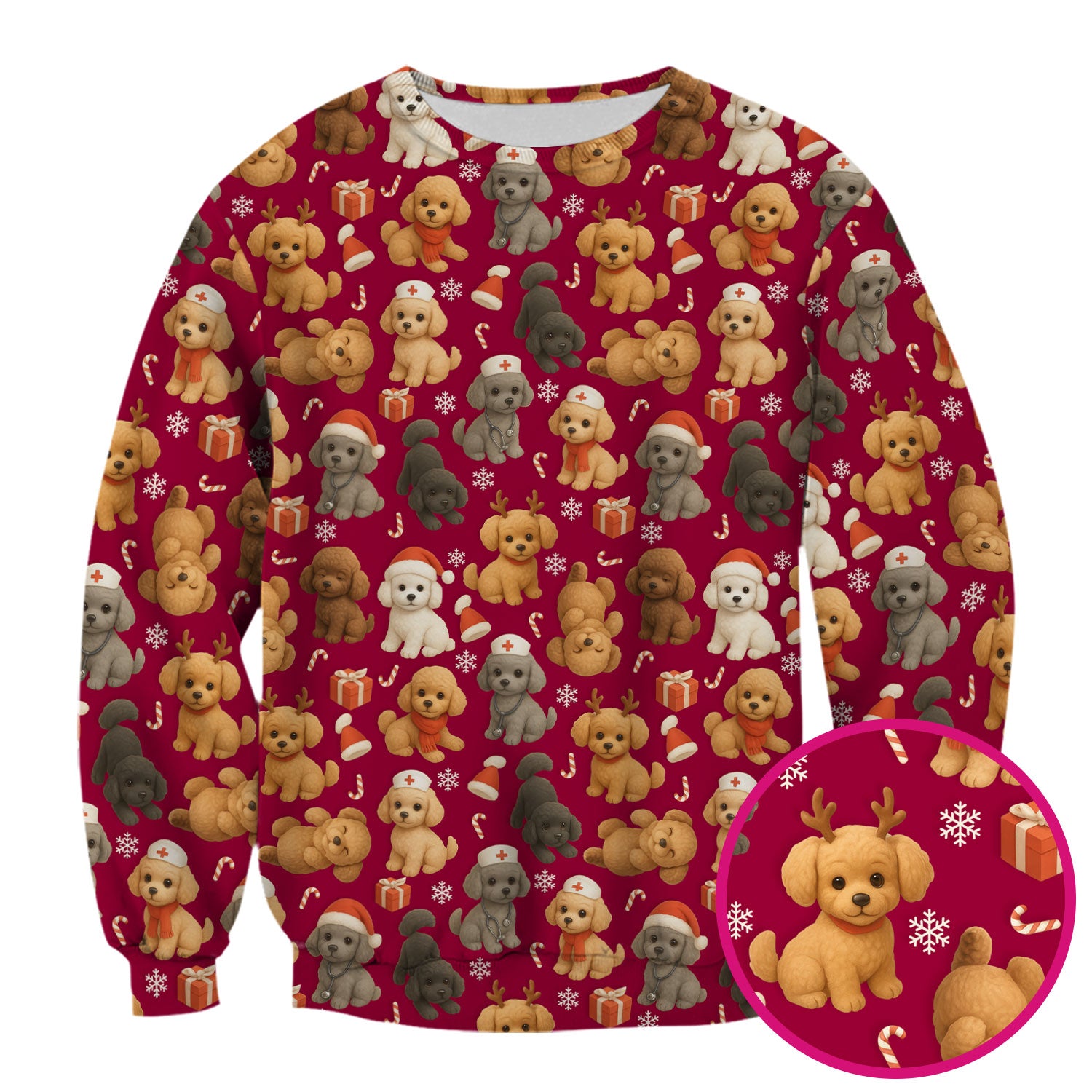 Christmas Poodle Scrubs for Women - Cute Dog Pattern Medical Scrub Top - Festive Holiday Christmas Scrubs with Adorable Poodle Design
