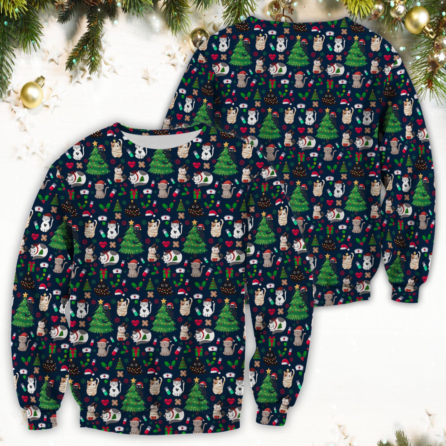 Christmas Cat Scrub Top, Xmas Pet Pattern Scrub Shirt, Breathable Fabrics Nursing Uniform
