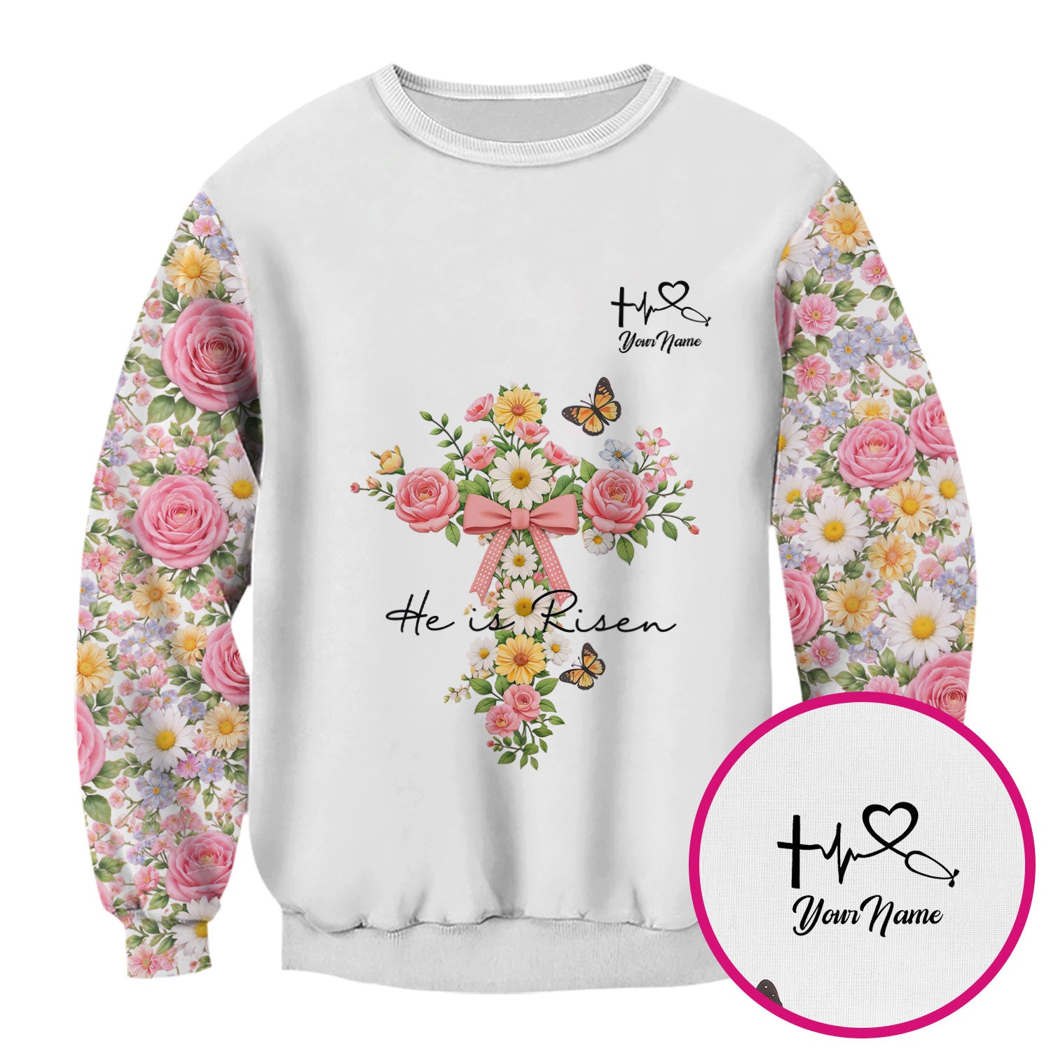 Personalized Meaningful Easter Nurse He Is Risen Floral Cross Bow Pattern Scrub Top, Comfortable Scrubs for Nurses