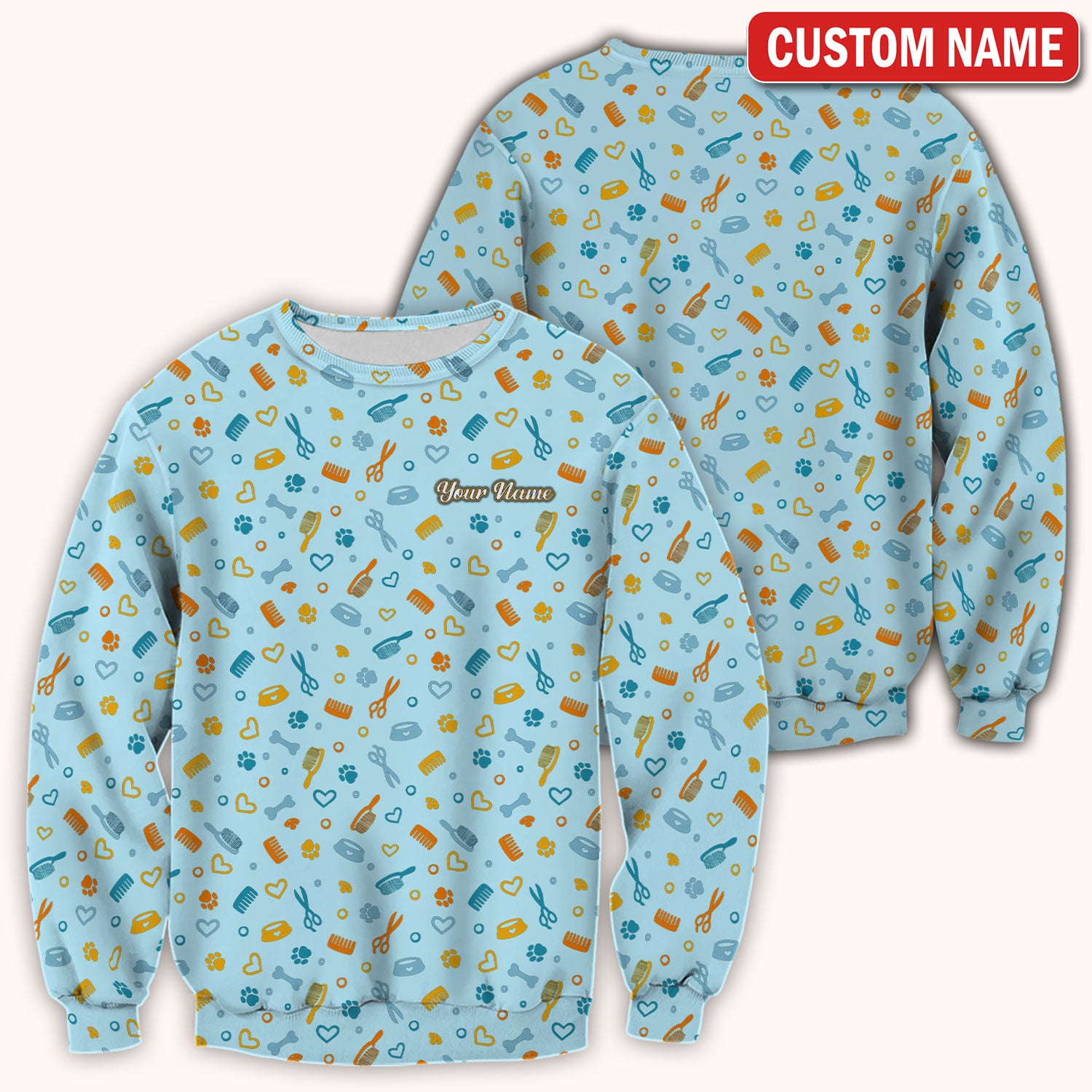 Custom Name Dog Cat Grooming Pattern Scrub Top, Breathable Fabrics Nursing Uniform