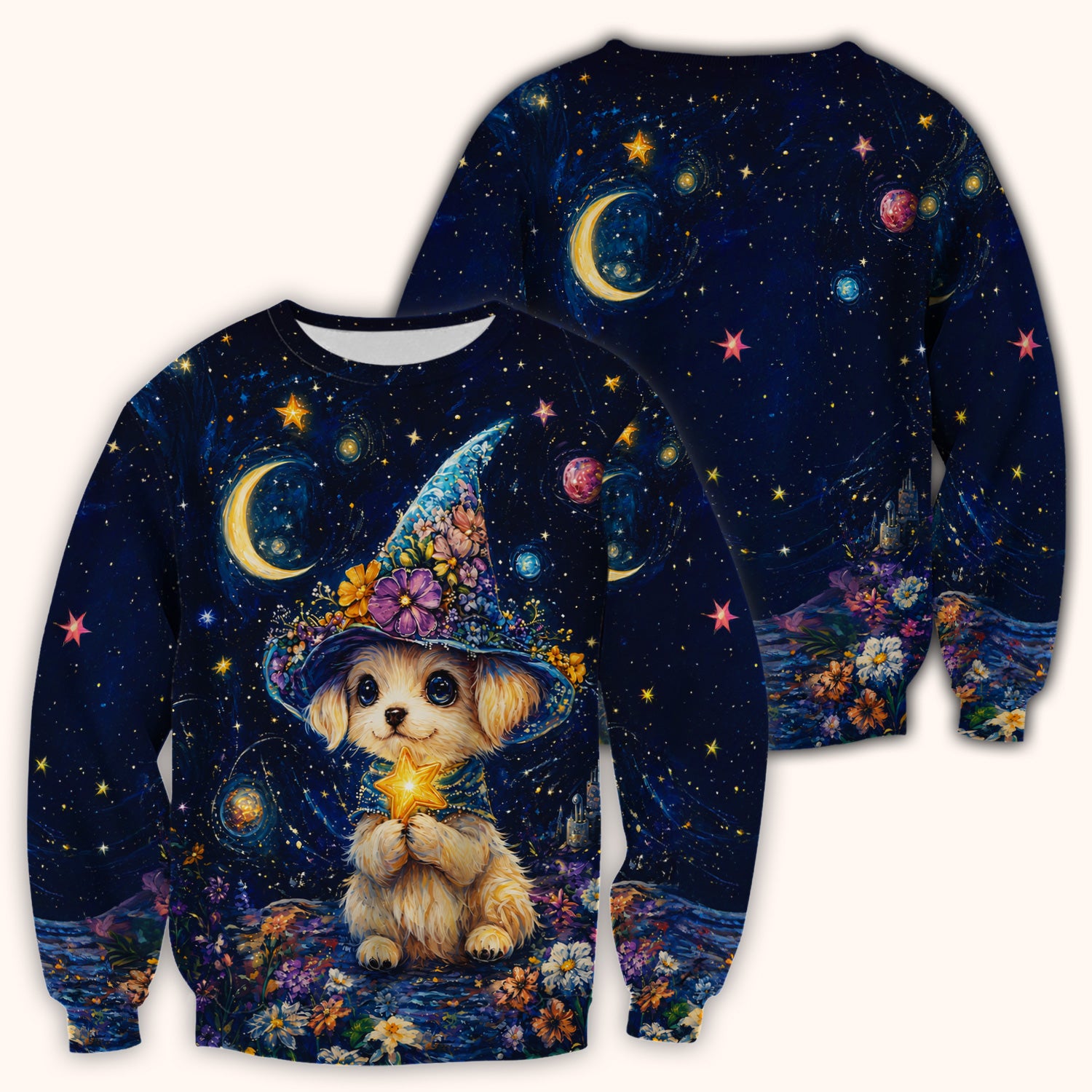 Cute Puppy Wizard Nurse Pattern Scrub Top, Comfortable Scrubs for Nurses