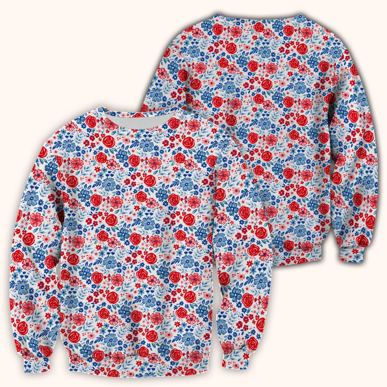 Red Blue Floral Garden Blossom Pattern Scrub Top, Comfortable Scrubs for Nurses
