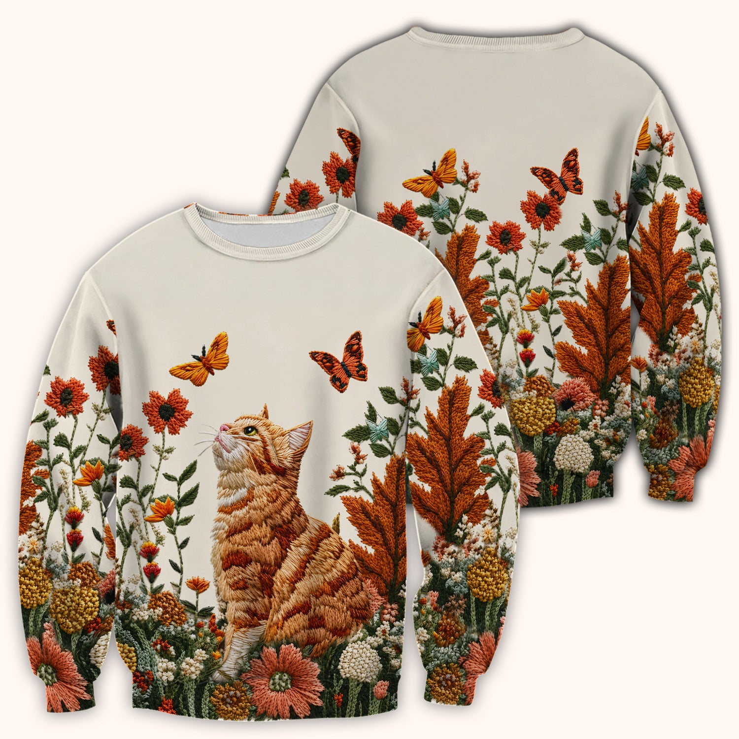 Embroidered Orange Cat Wildflower Pattern Scrub Top, Comfortable Scrubs for Nurses