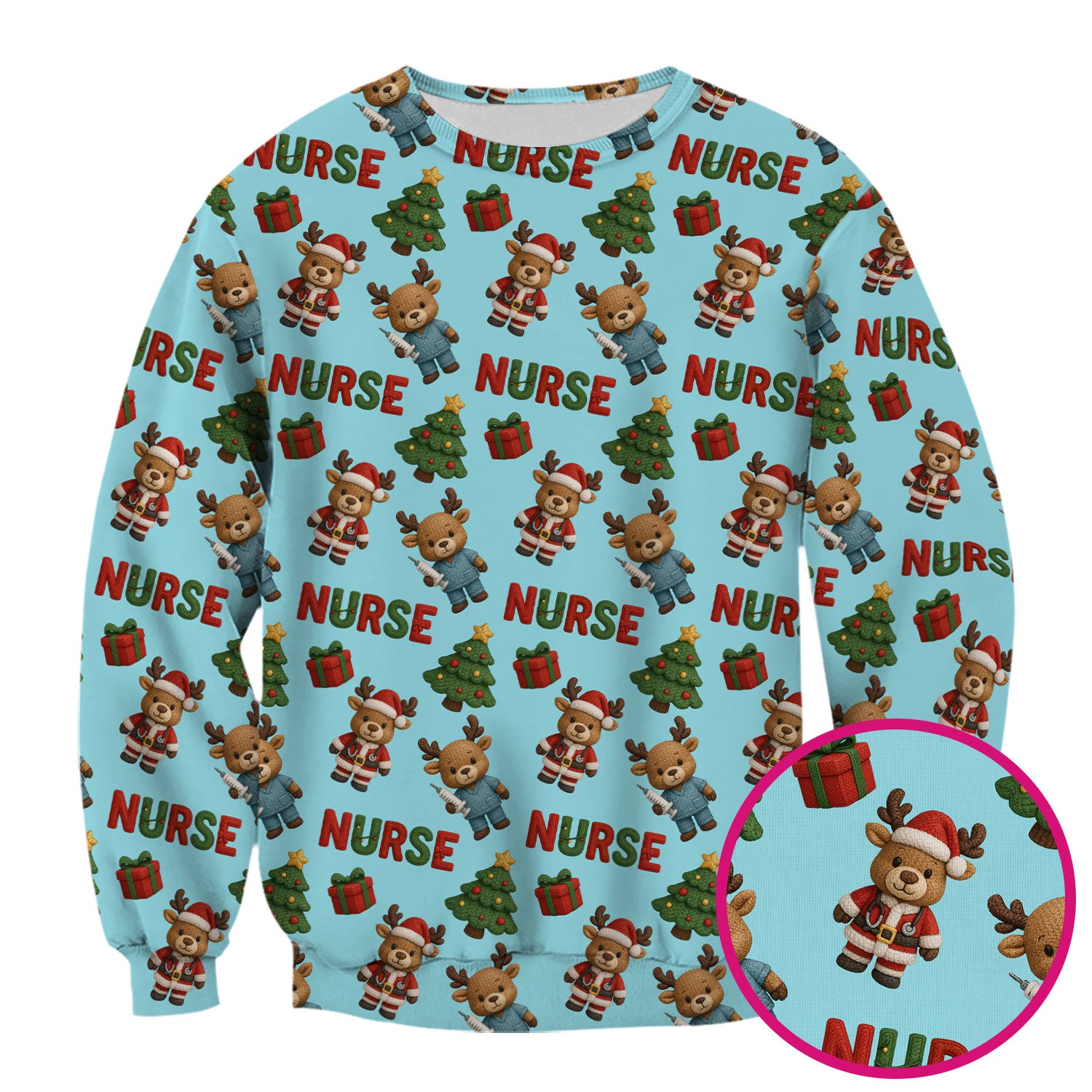 Reindeer Christmas Scrub Top, Cute Holiday Nurse Scrub Shirt, Festive Pattern Nursing Uniform
