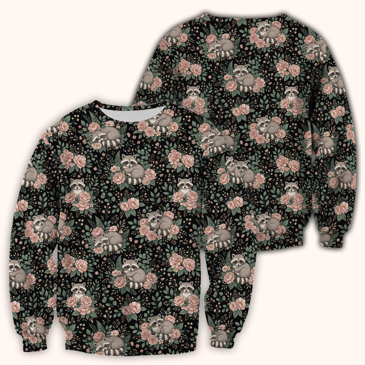 Sleeping Raccoon Rose Garden Pattern Scrub Top, Breathable Fabrics Nursing Uniform