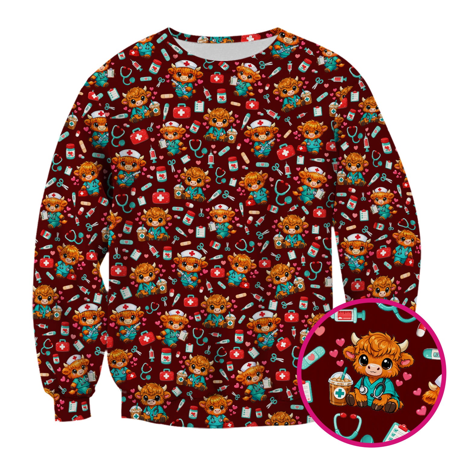 Cute Highland Cow Nurse Scrub Top, Kawaii Medical Pattern Shirt, Breathable Fabrics Nursing Uniform