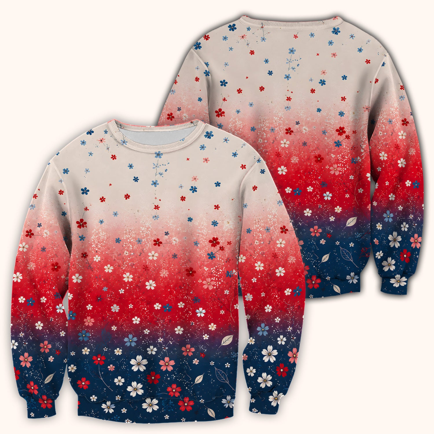 Patriotic Red White Blue Floral Ombre Print Scrub Top, Comfortable Scrubs for Nurses