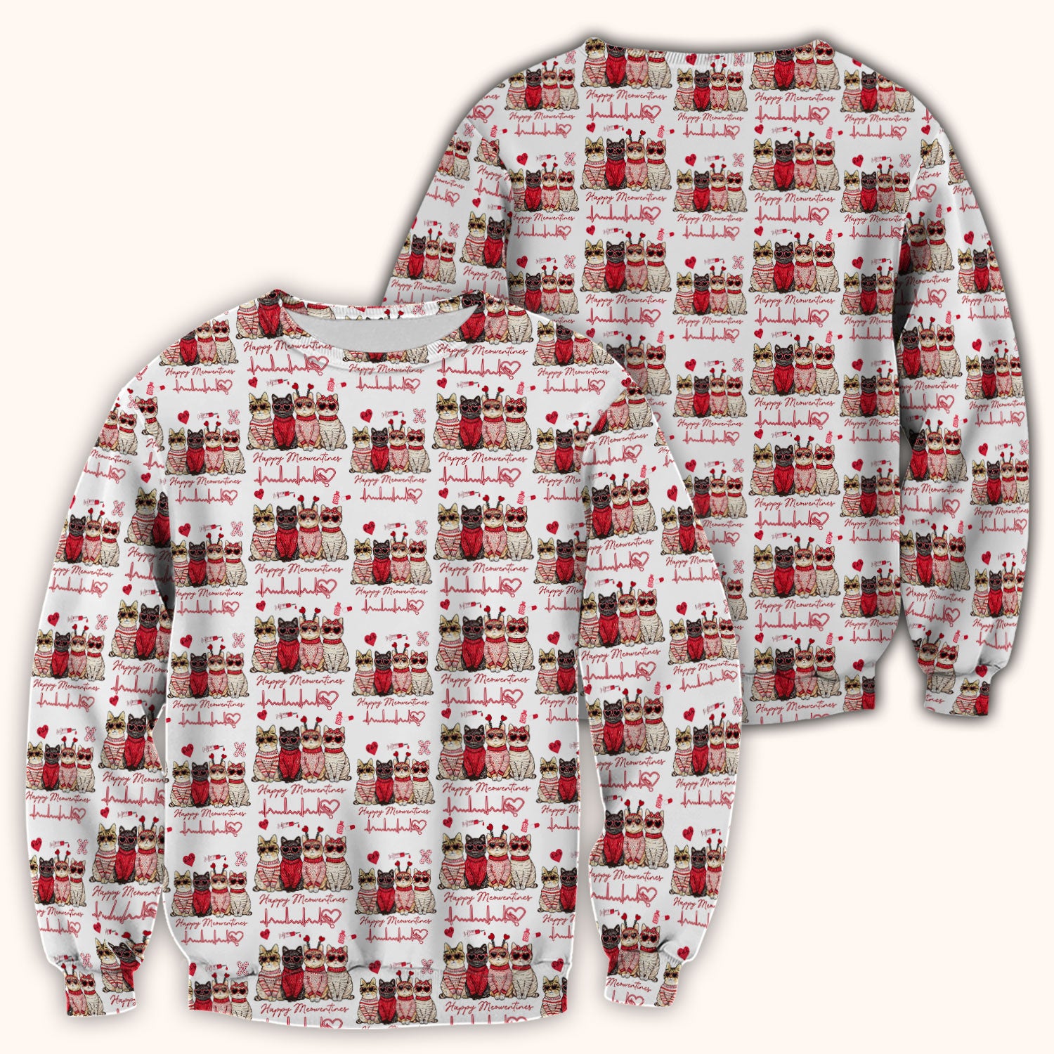 Happy Meowtines Cat Pattern Scrub Top, Valentine Cat Lover Nurse Scrub Shirt, Heartbeat Medical Pattern Nursing Uniform