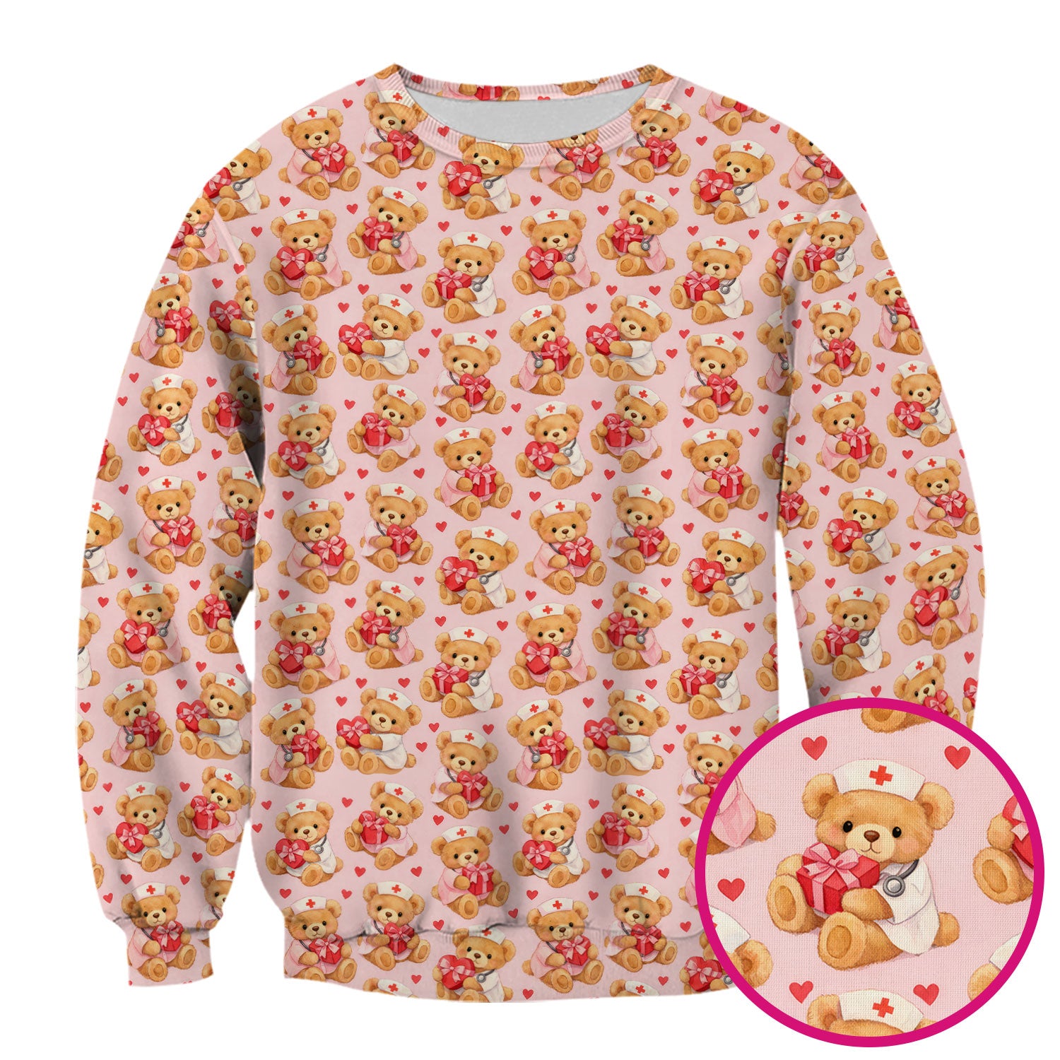 Valentine Teddy Pattern Scrub Top, Bear And Heart Medical Nurse Scrub Shirt, Breathable Fabrics Nursing Uniform
