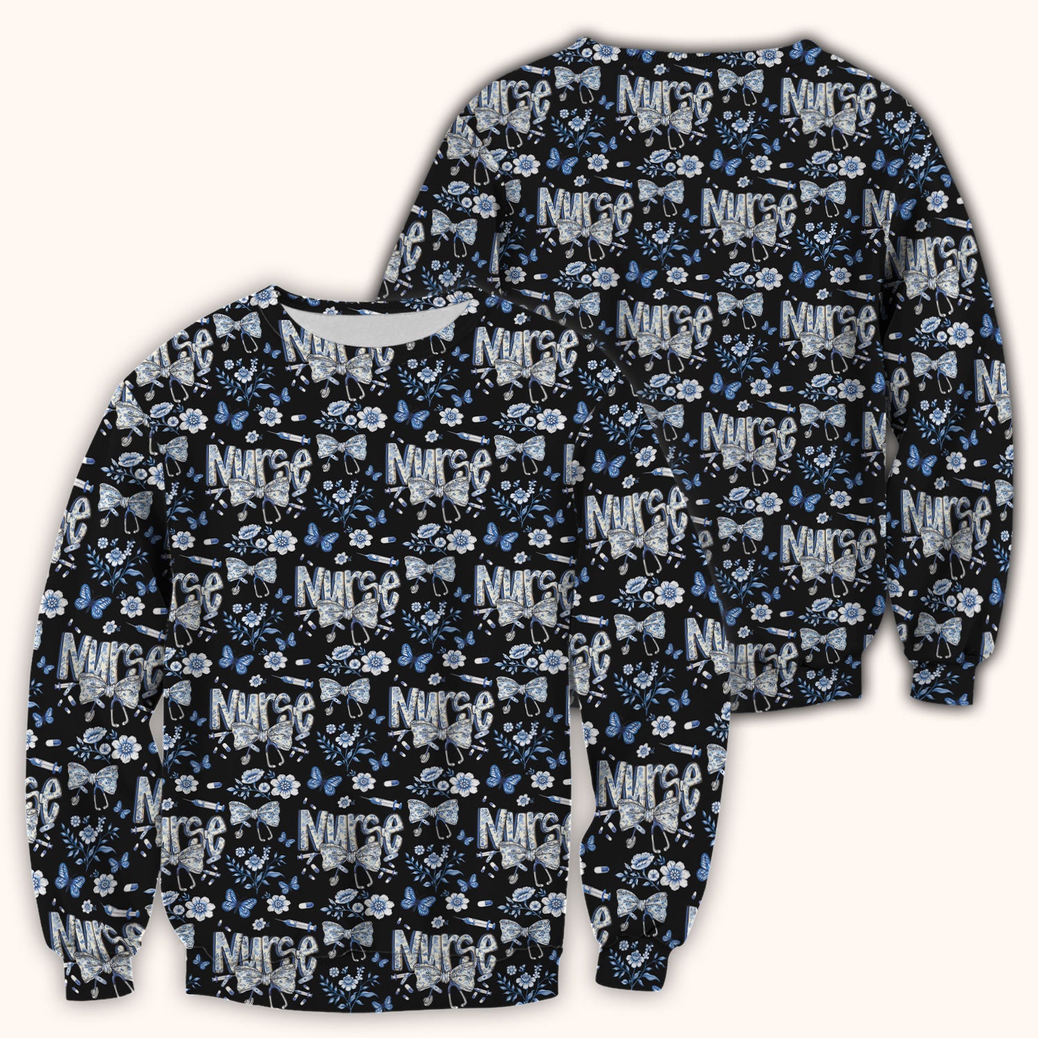 Blue Nurse Letter Bow Butterfly Floral Print Scrub Top, Comfortable Scrubs for Nurses