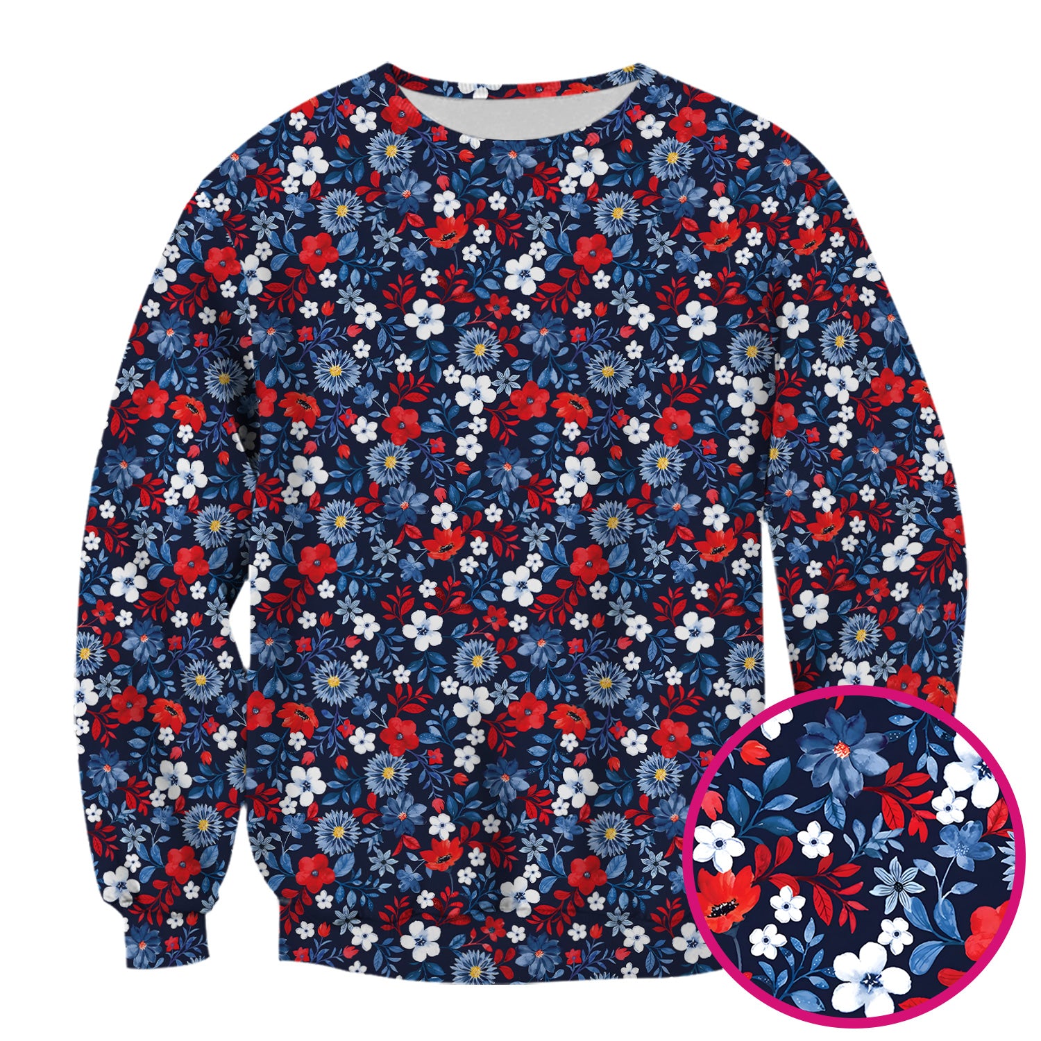 Classic Floral Print V Neck Scrub Top for Nurses, Blue Red Medical Uniform