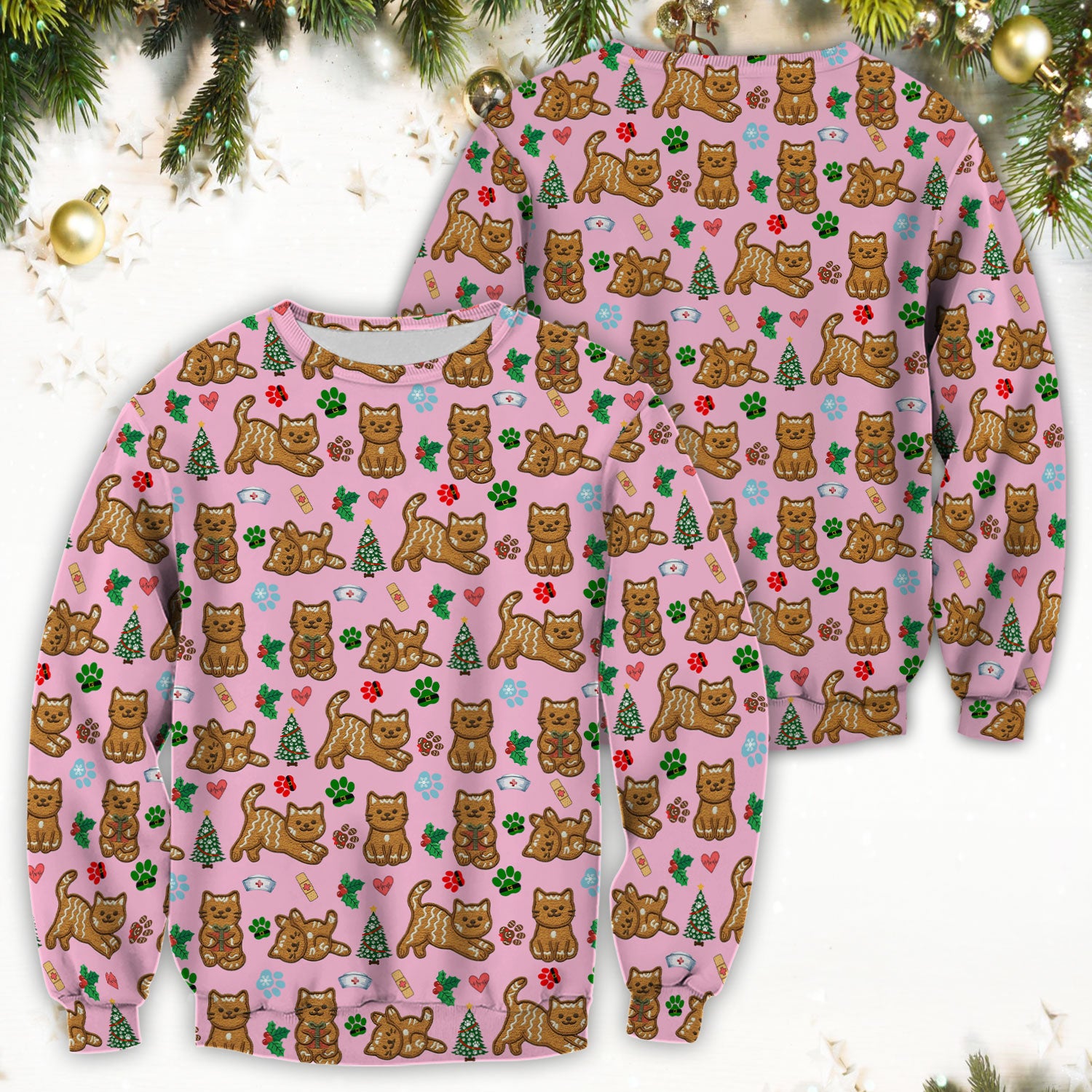 Gingerbread Cat Christmas Scrub Top, Cute Holiday Kitty Medical Uniform Shirt For Nursing, Festive Nurse Pattern
