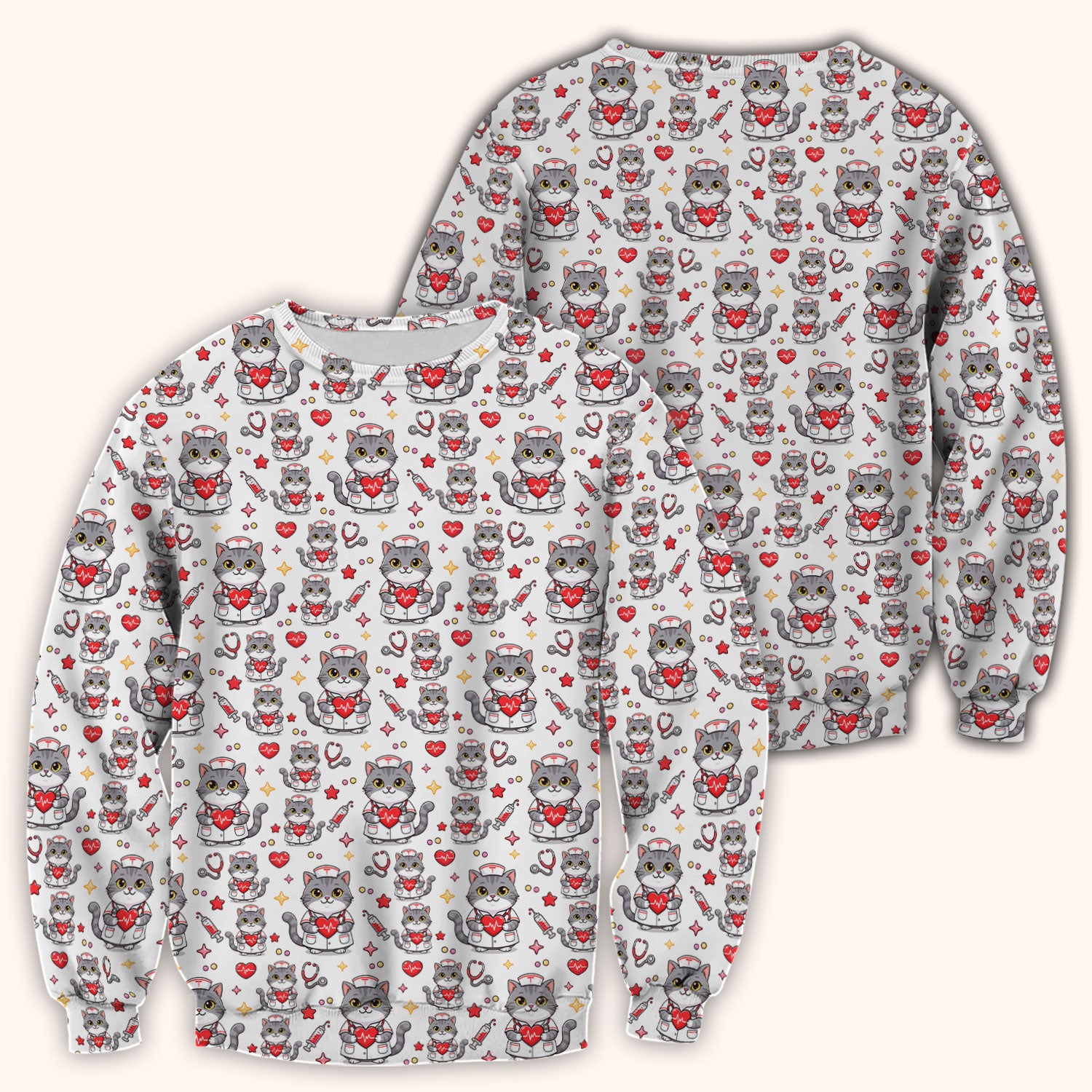 Cute Nurse Cat Heart Medical Print Scrub Top, Comfortable Scrubs for Nurses