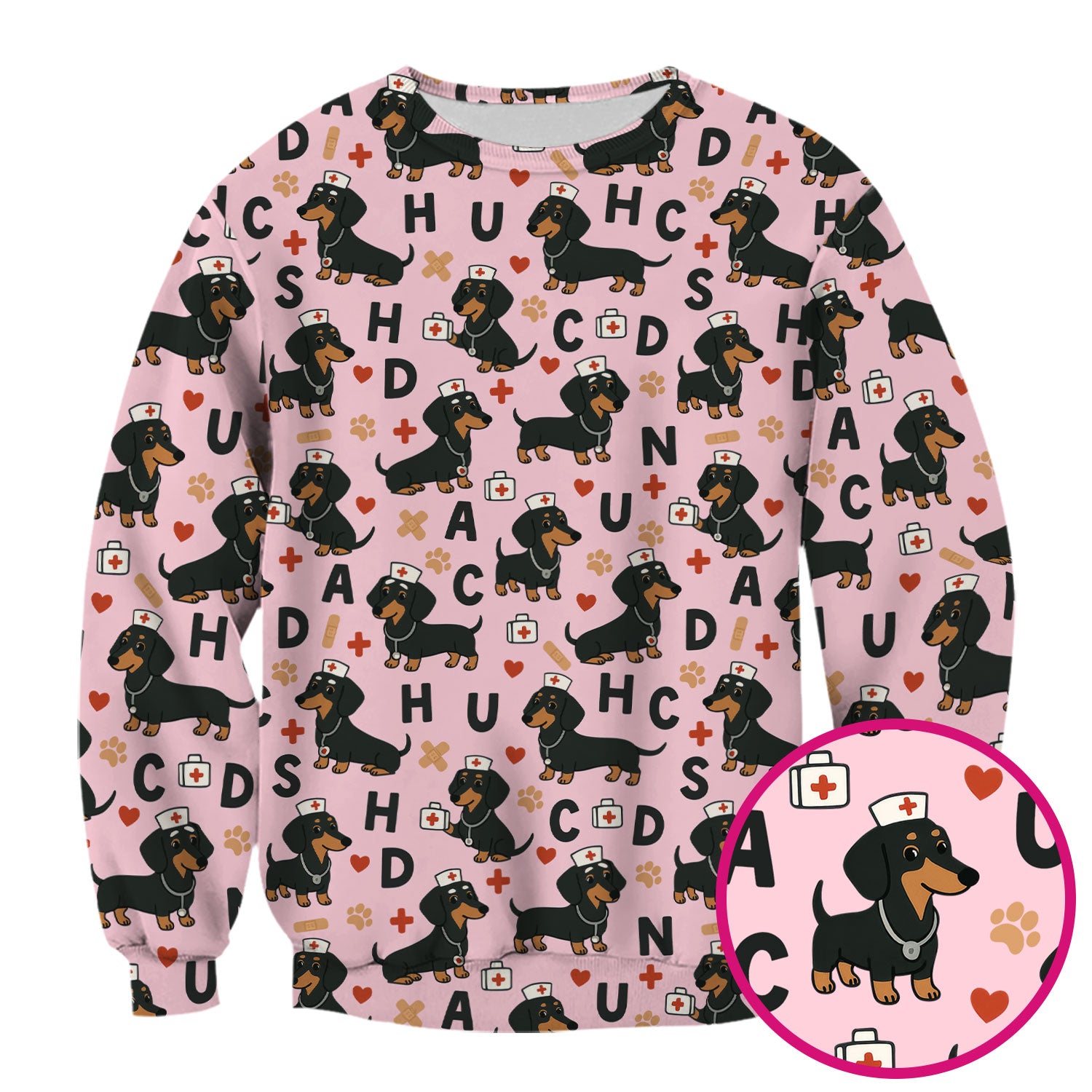 Dachshund Nurse Scrub Top for Women - Cute Dog Pattern Medical Shirt - Funny Sausage Dog Print Scrubs Gift for RN LPN CNA Healthcare Staff