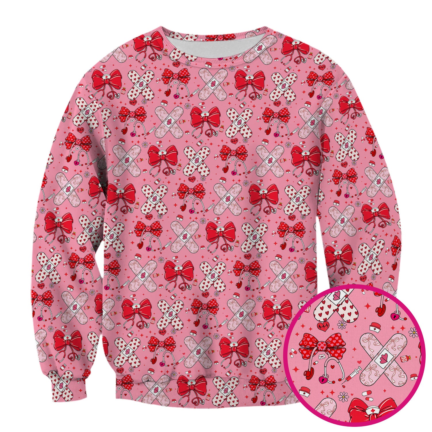 Valentine Nurse Scrub Top, Red Bow And Heart Bandage Pattern Medical Shirt, Breathable Fabrics Nursing Uniform