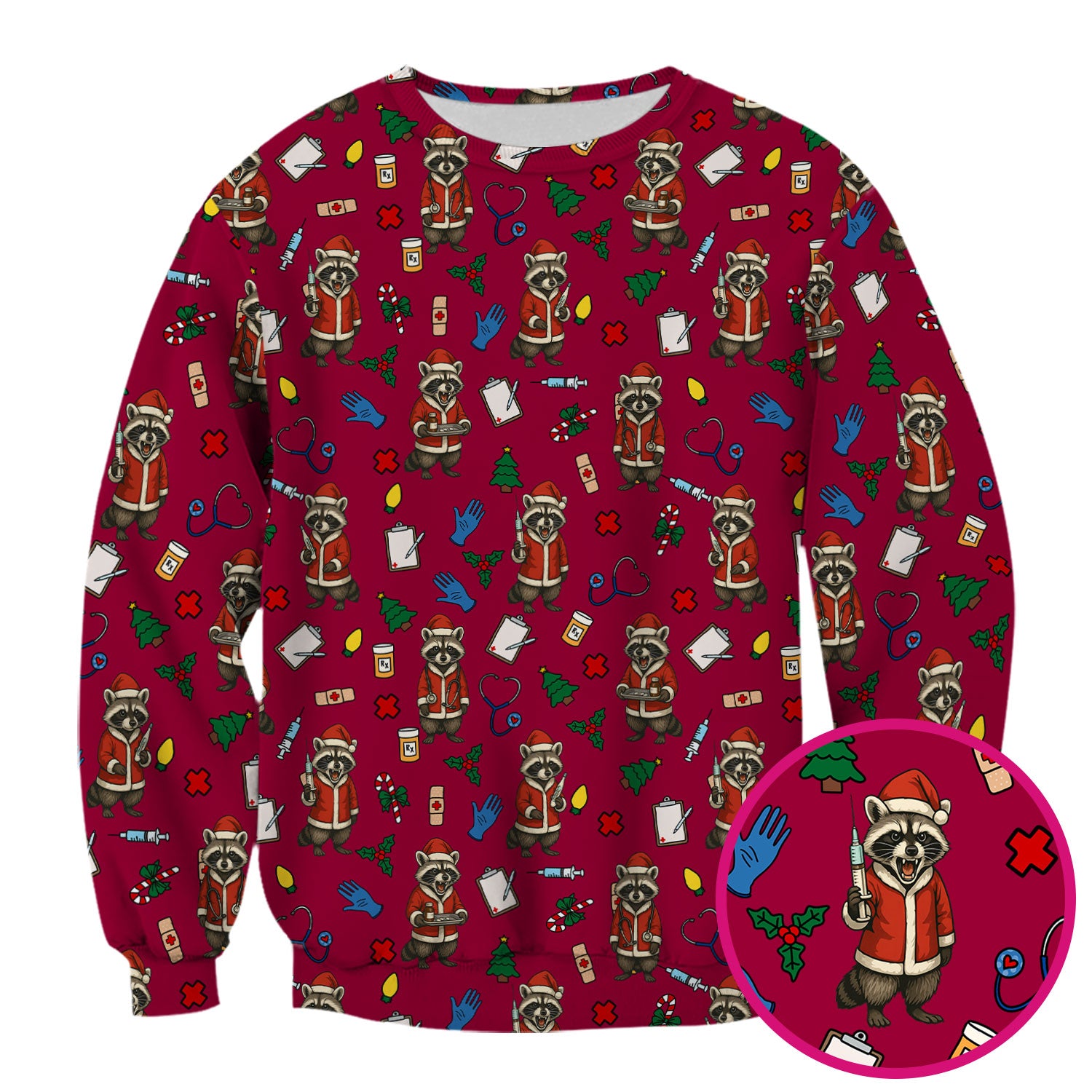 Festive Raccoon Pattern Scrub Top - Christmas Santa Print Medical Shirt - Fun Holiday Gift for RN LPN CNA Women