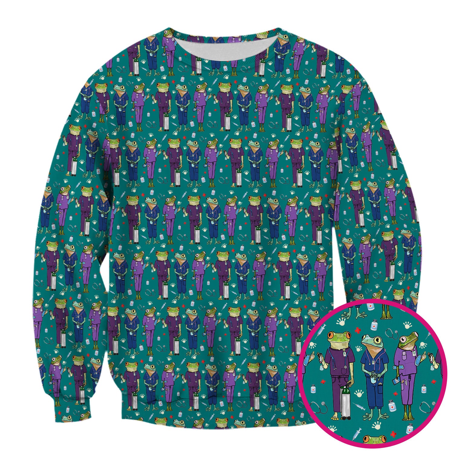 Funny Frog Nurse Pattern Scrub Top, Breathable Healthcare Uniform Top