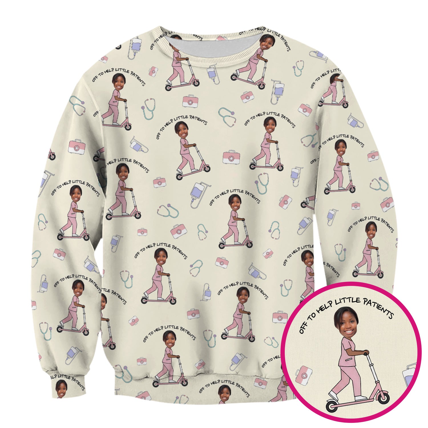 Custom Face Pediatric Nurse Scooter Pattern Scrub Top, Comfortable Scrubs for Nurses